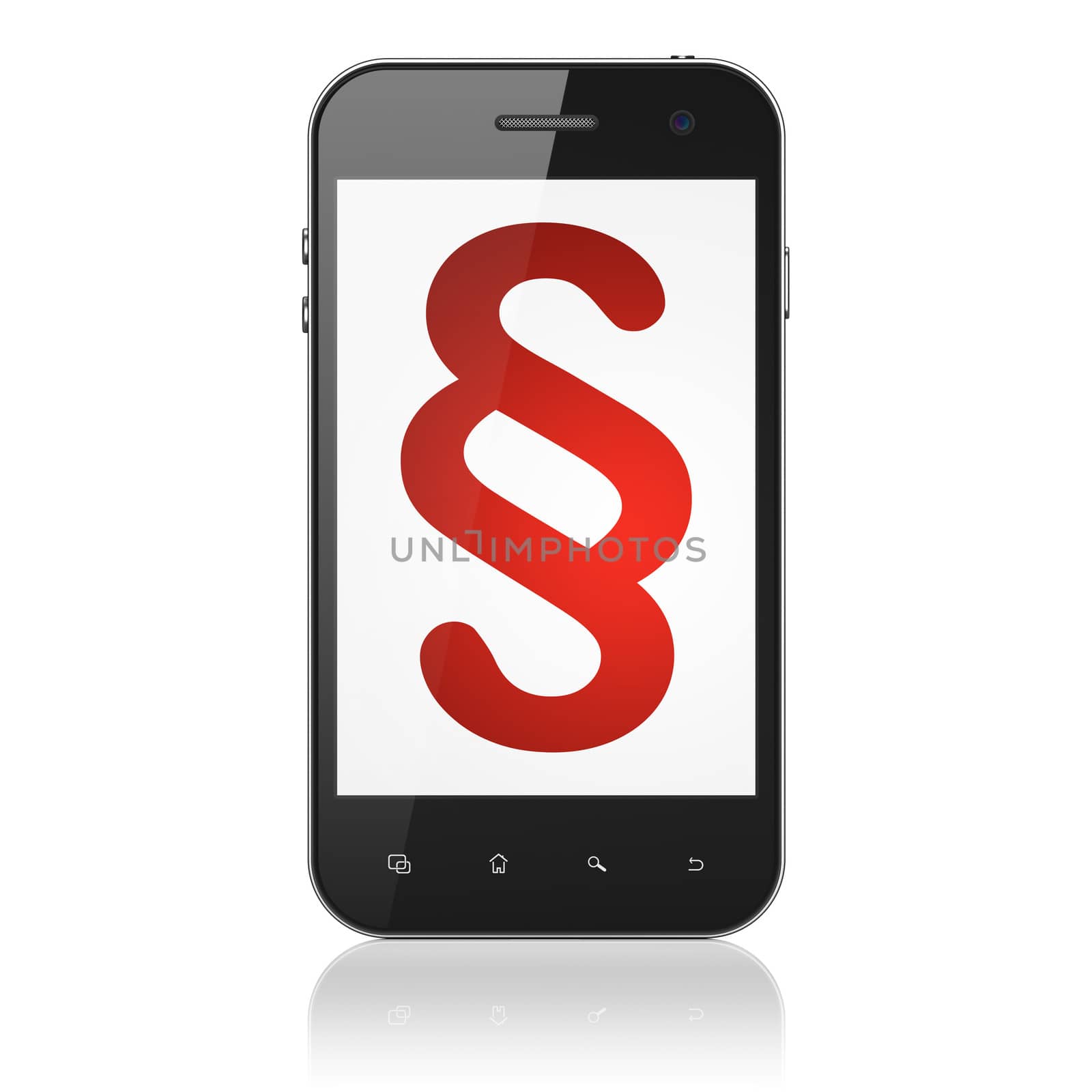Law concept: smartphone with Paragraph icon on display. Mobile smart phone on White background, cell phone 3d render