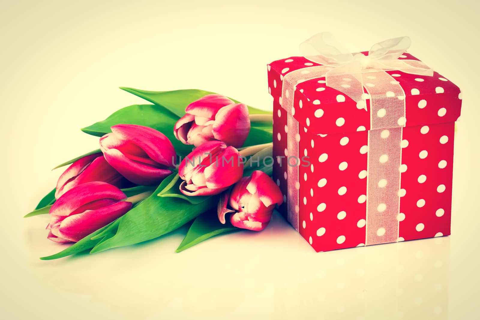 beautiful tulips with red polka-dot gift box. happy mothers day, romantic still life, fresh flowers