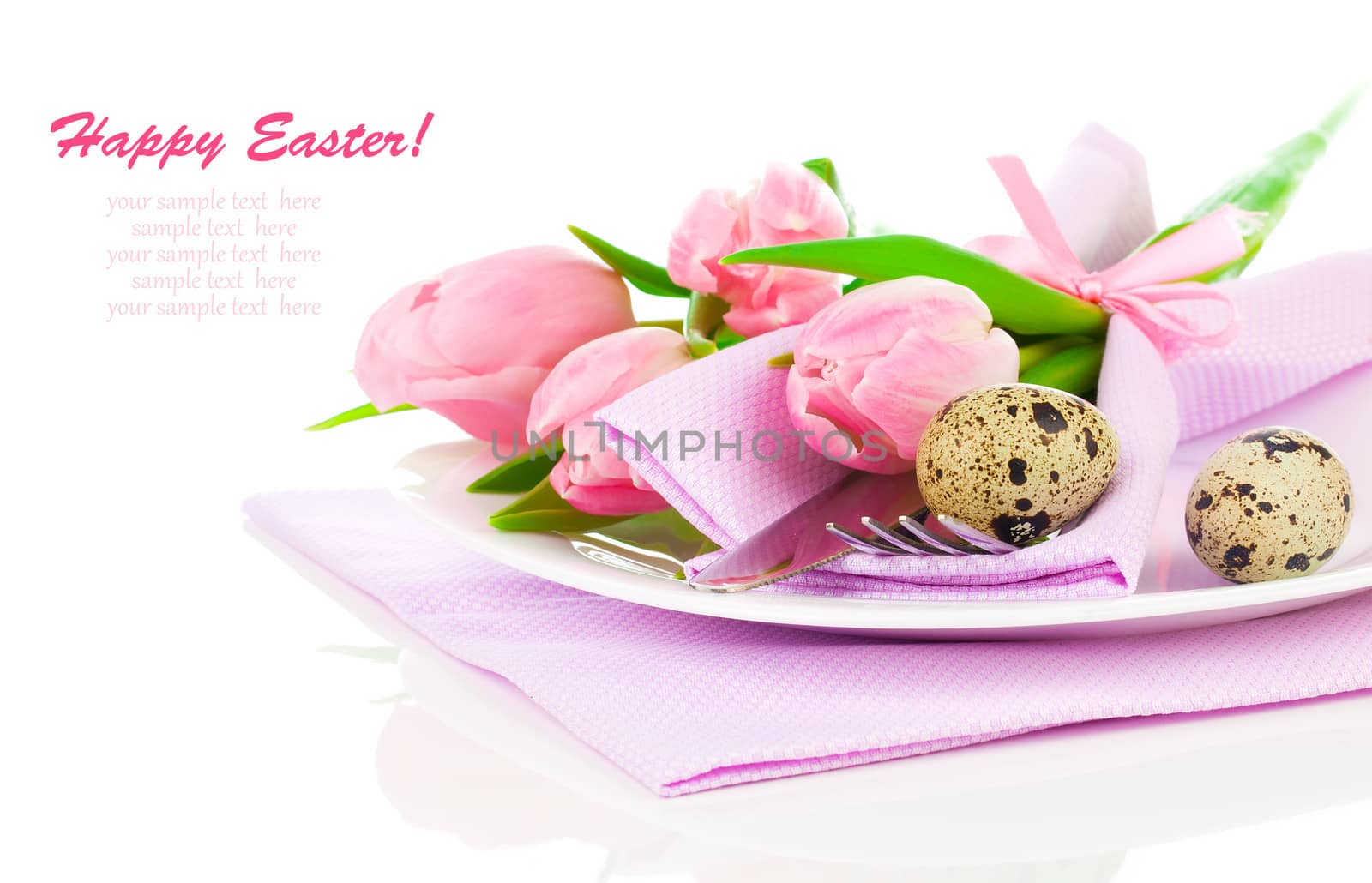 pink tulips with quail eggs in a plate, on a white background.  romantic still life with fresh flowers