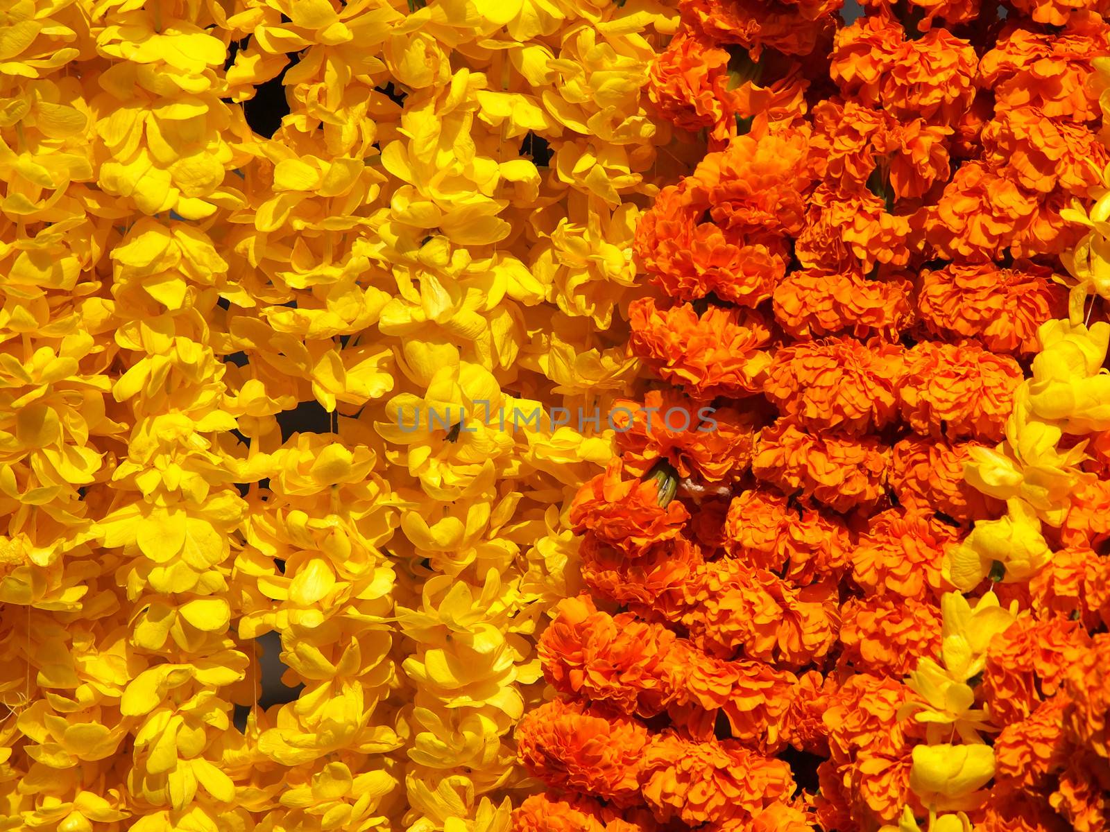 orange and yellow floral arrangement for holi festival and religious offerings in india.         