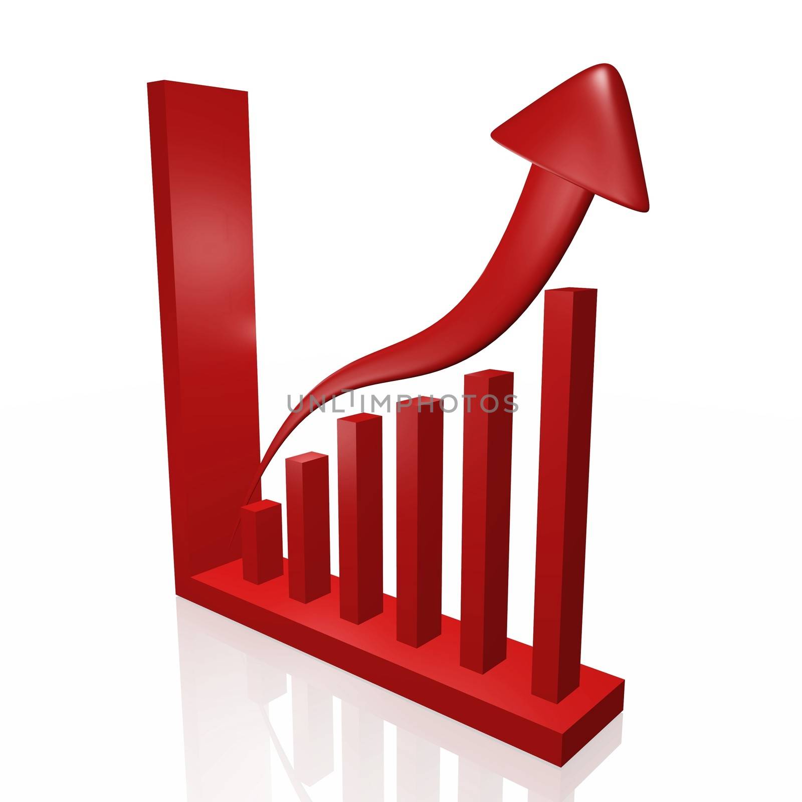 A 3 dimensional red growth bar chart with upward moving arrow demonstrating business, financial, career or investment growth.
