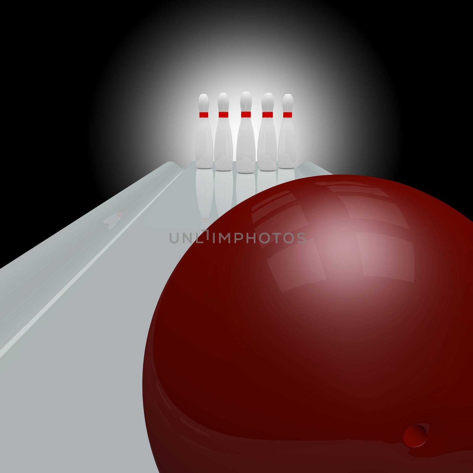 3d bowling alley scene with white bowling pins and a red ball waiting to be thrown
