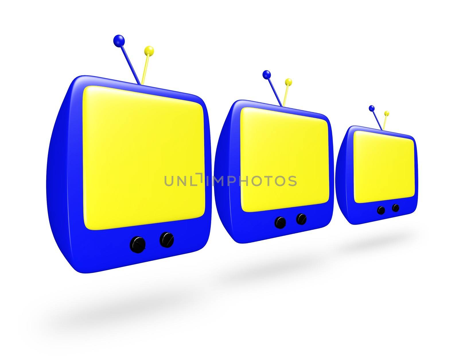 Three 3D blue cartoon TV with yellow screens in a row
