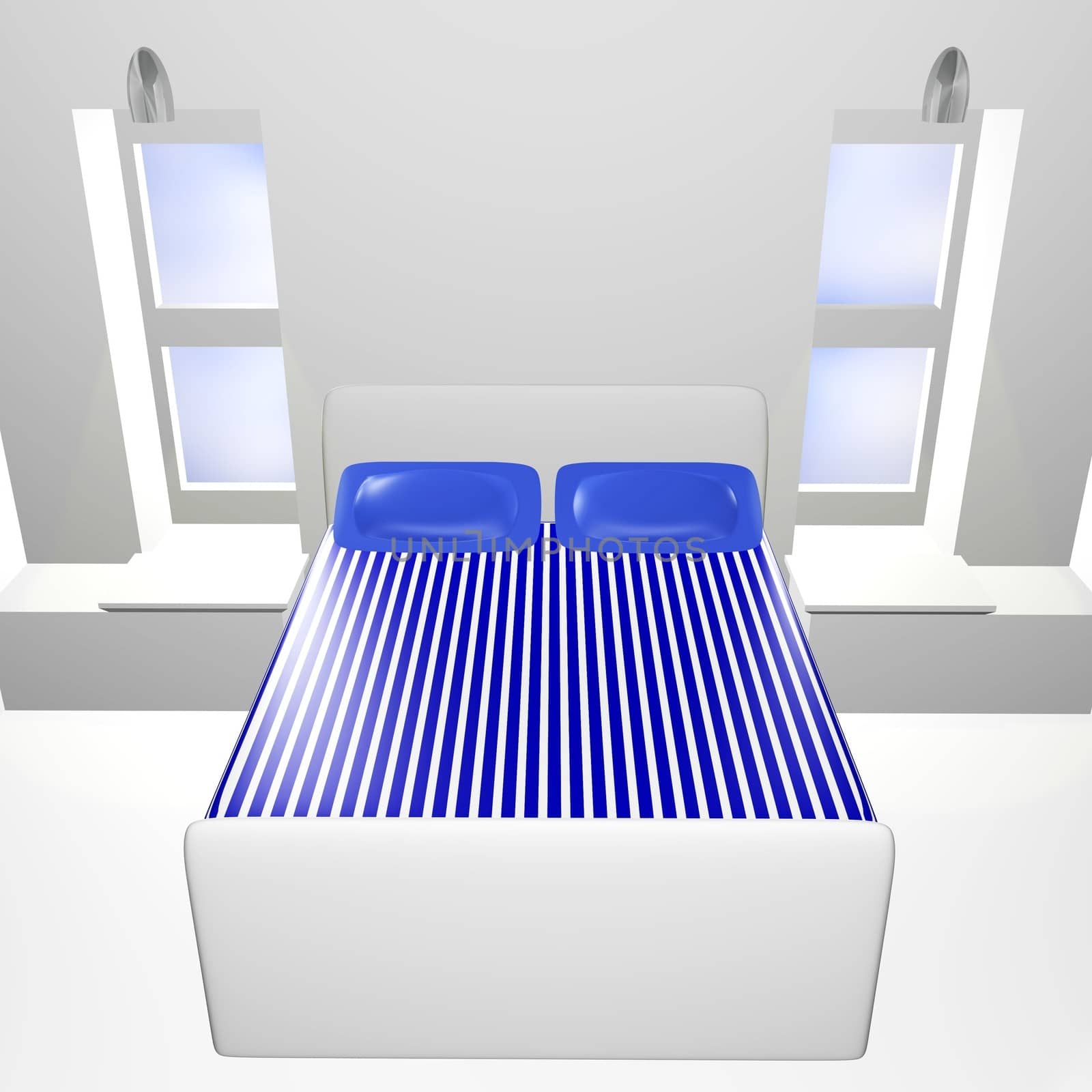 3D White Bedroom with Blue Bedspread by RichieThakur