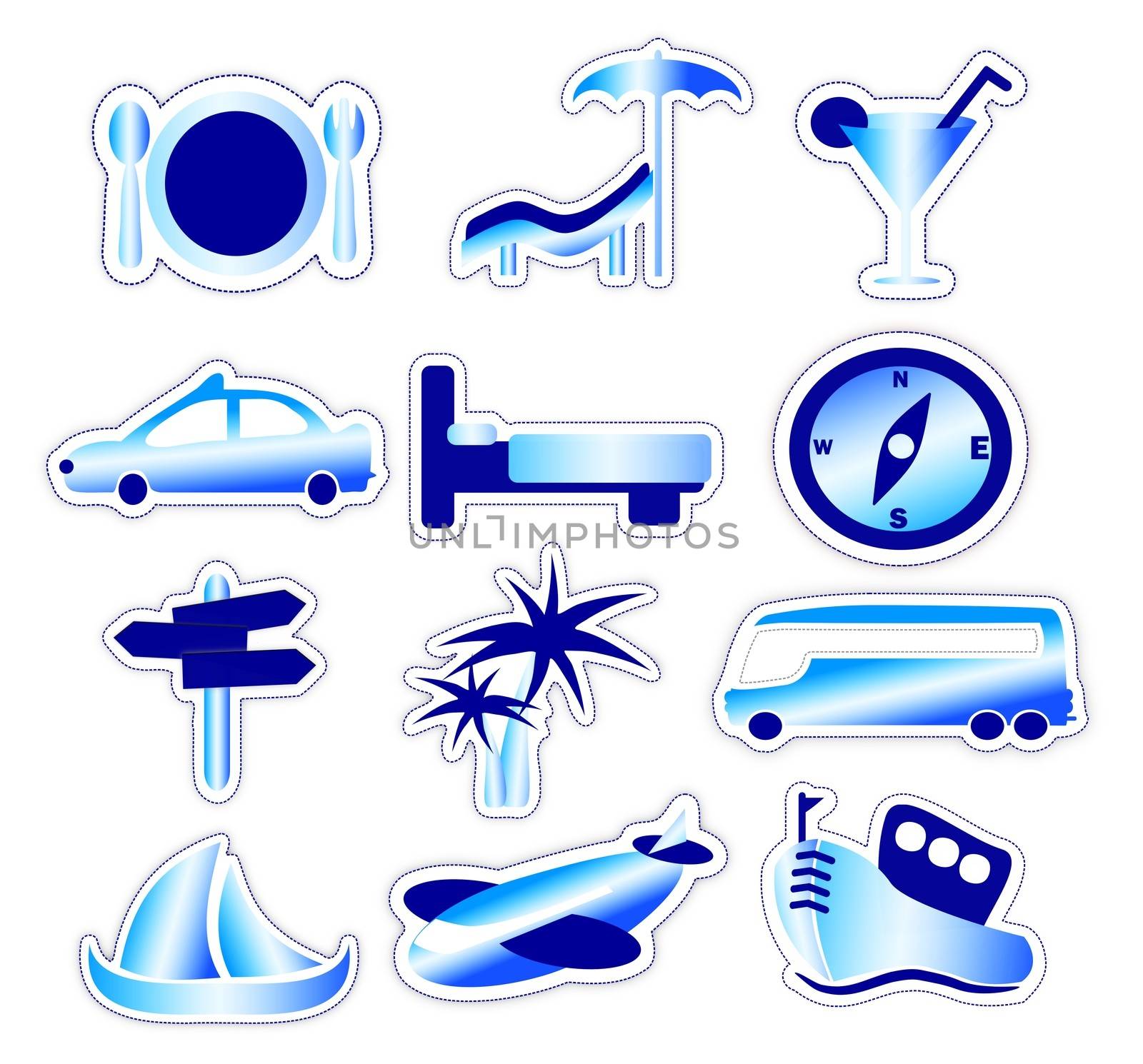 Set of holiday travel icon stickers in blue
