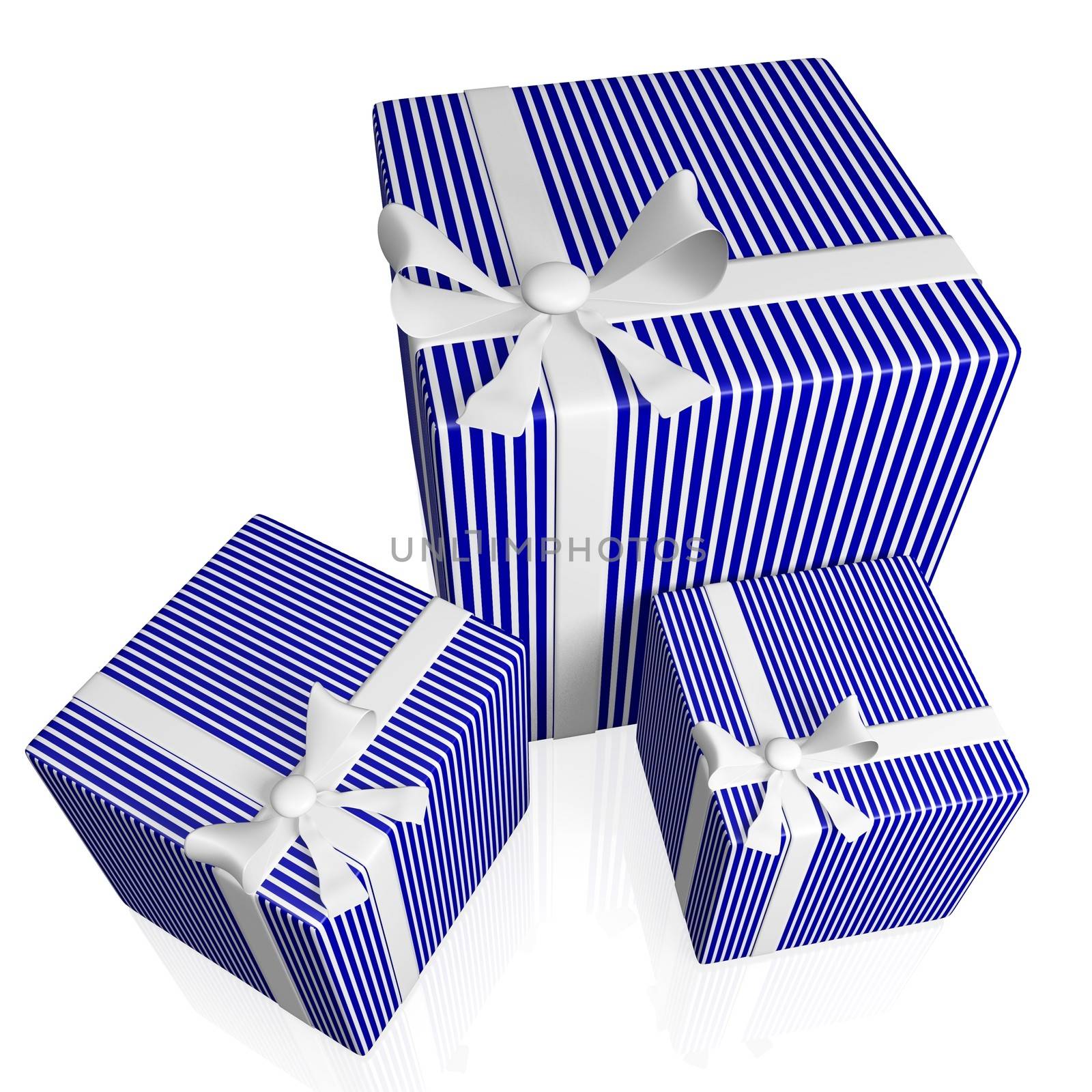 Three 3d gifts in blue stripes wrapping paper and white ribbon and bow
