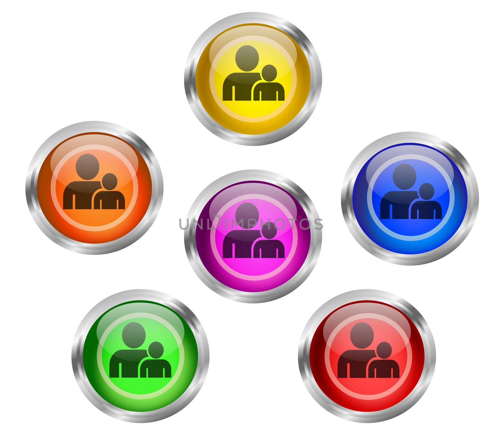 Set of shiny buttons with people, employee, buddy icon buttons different colors
