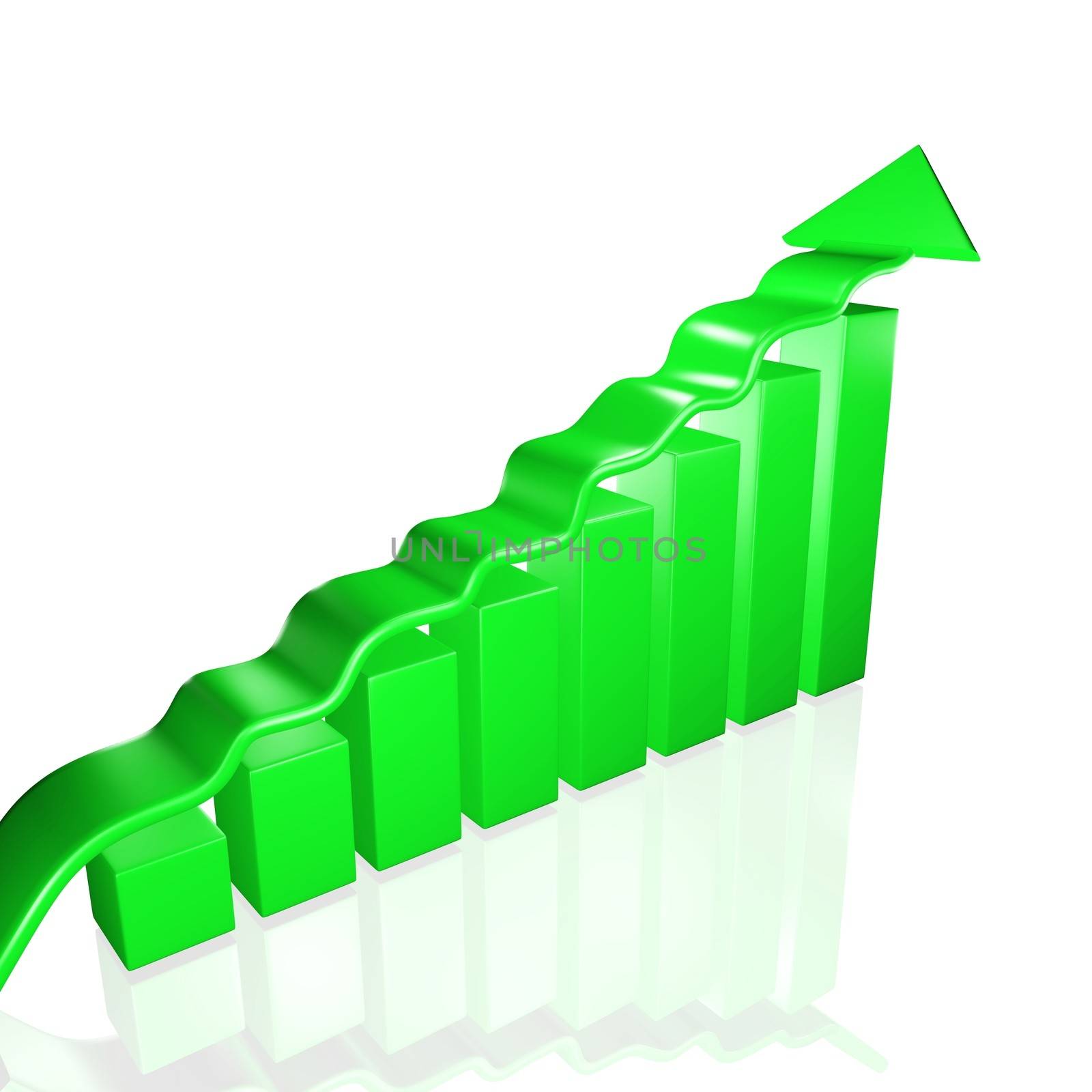 3D business growth bar chart with an upward rising arrow
