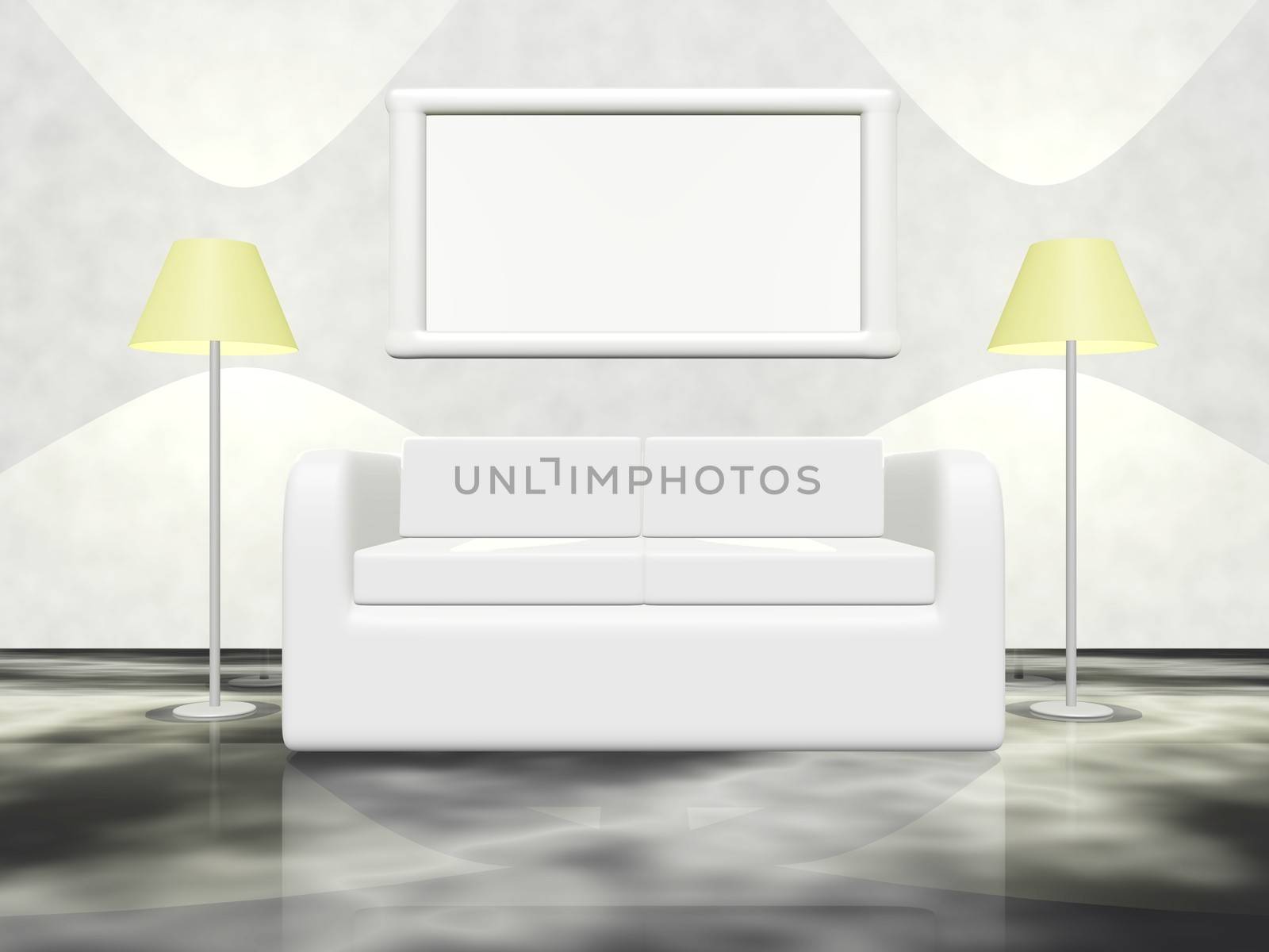 A 3d lounge scene with a white sofa couch placed amidst two tall lamps and against a wall with a blank picture frame
