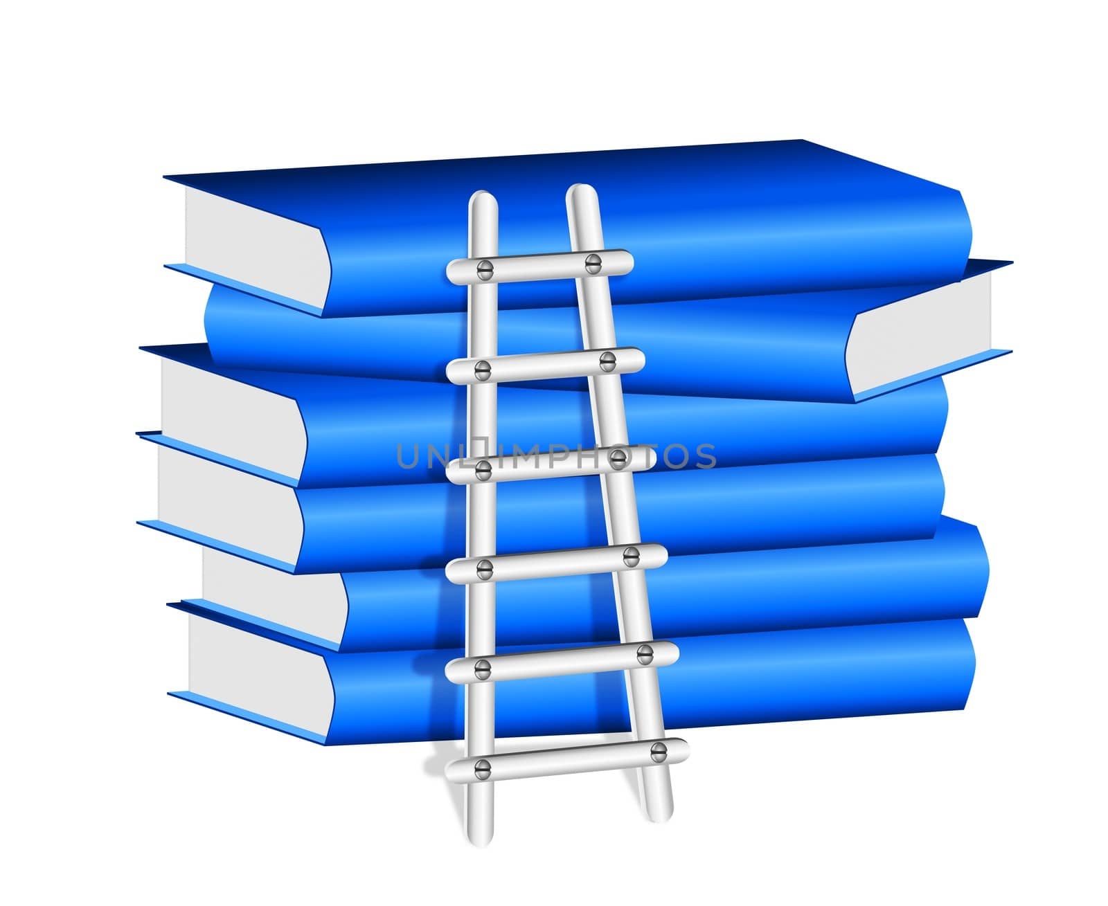 A metallic ladder placed against a stack of black blue note books

