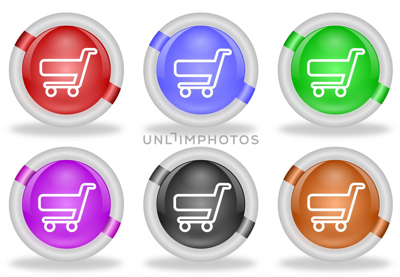 Set of shopping cart web icon buttons with beveled white rims in six pastel colors
