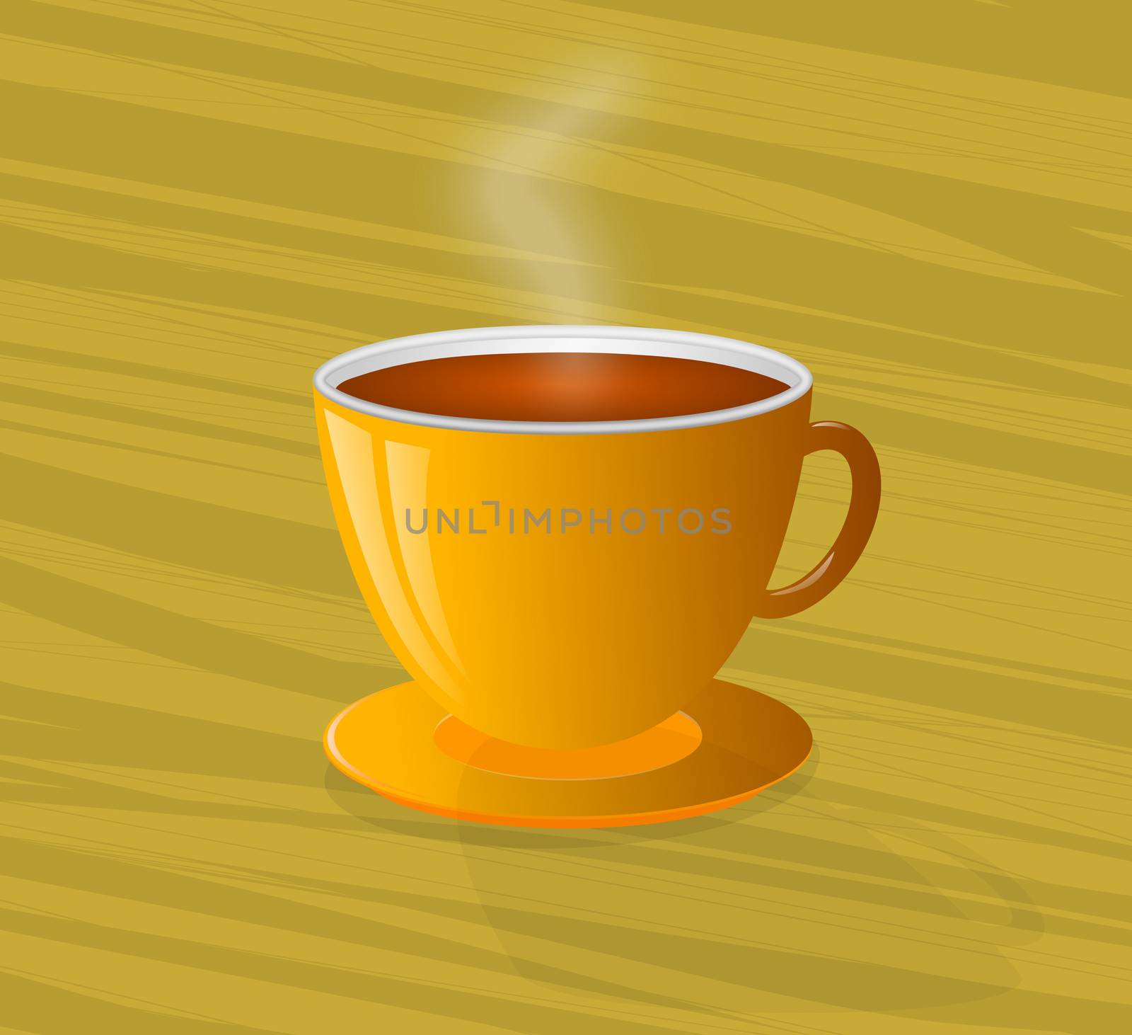 Illustration of steaming hot coffee in a yellow cup and saucer on a wooden background
