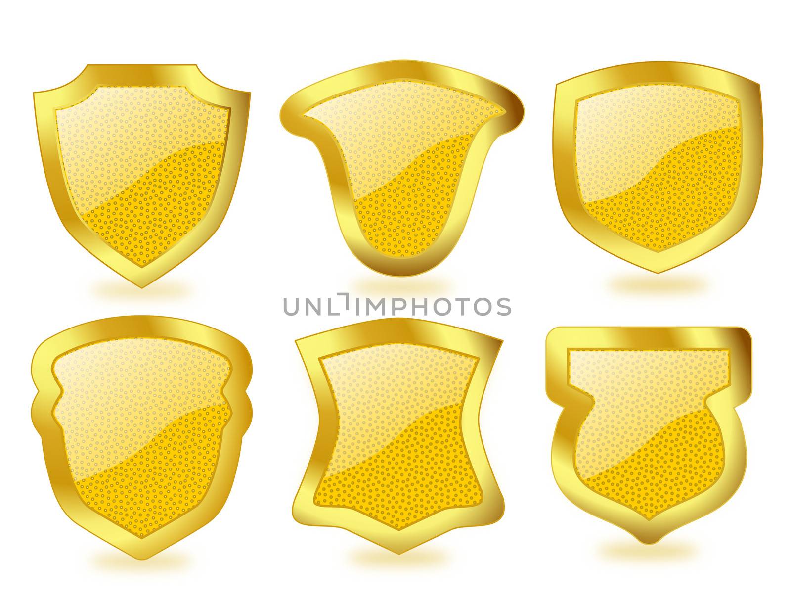 Set of vibrant polka dotted glass shields with broad golden frames 
