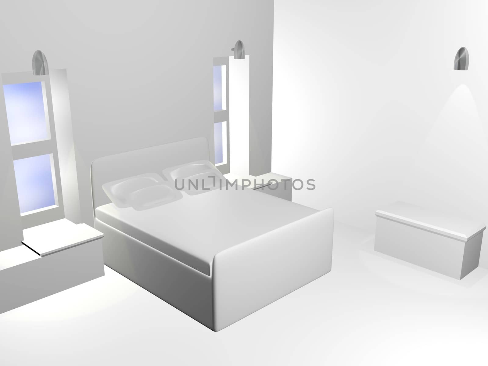 A simple 3d bedroom scene in white
