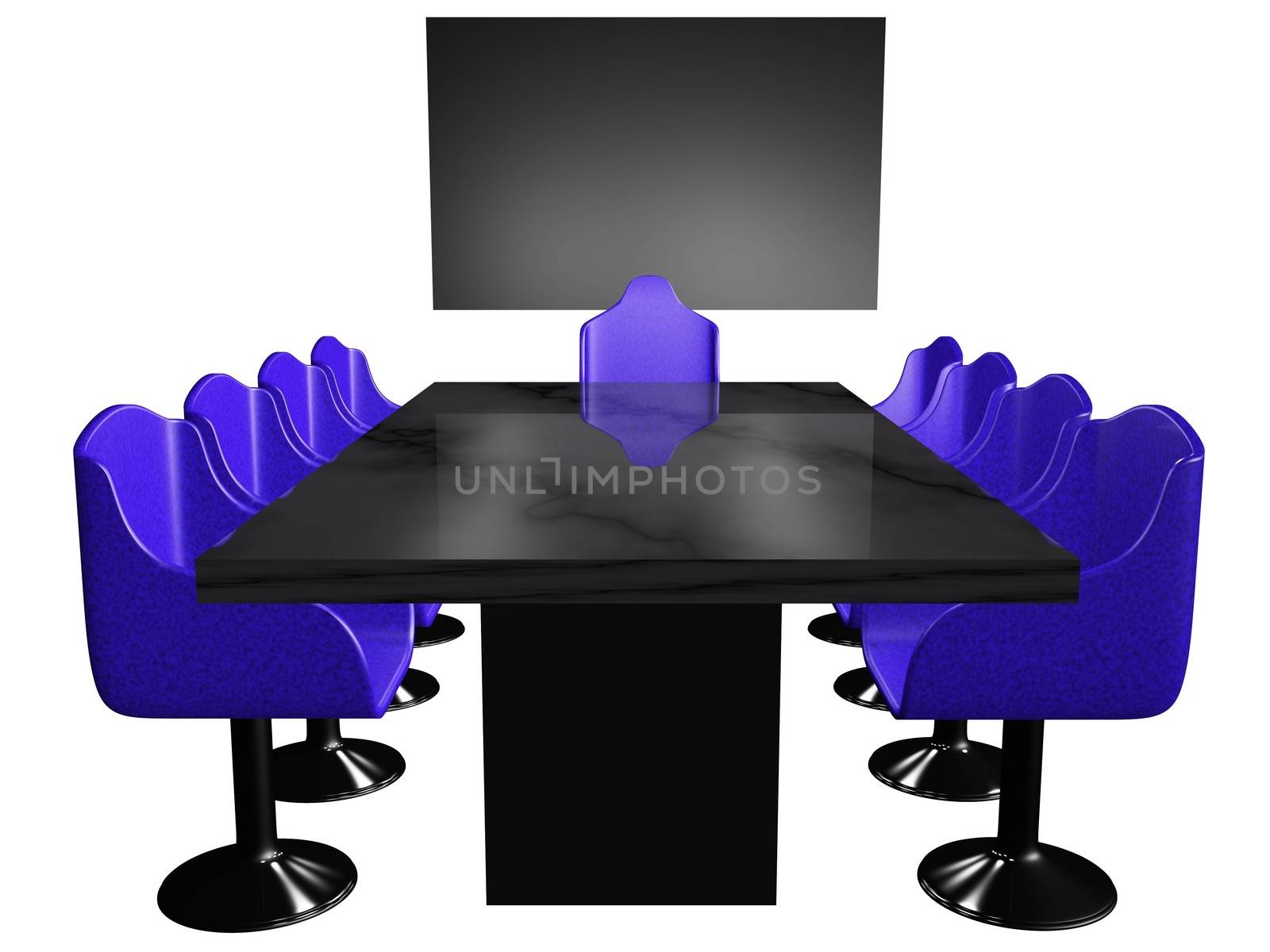A 3d conference room setup with chairs around a long conference table, vacant chairs and a blackboard
