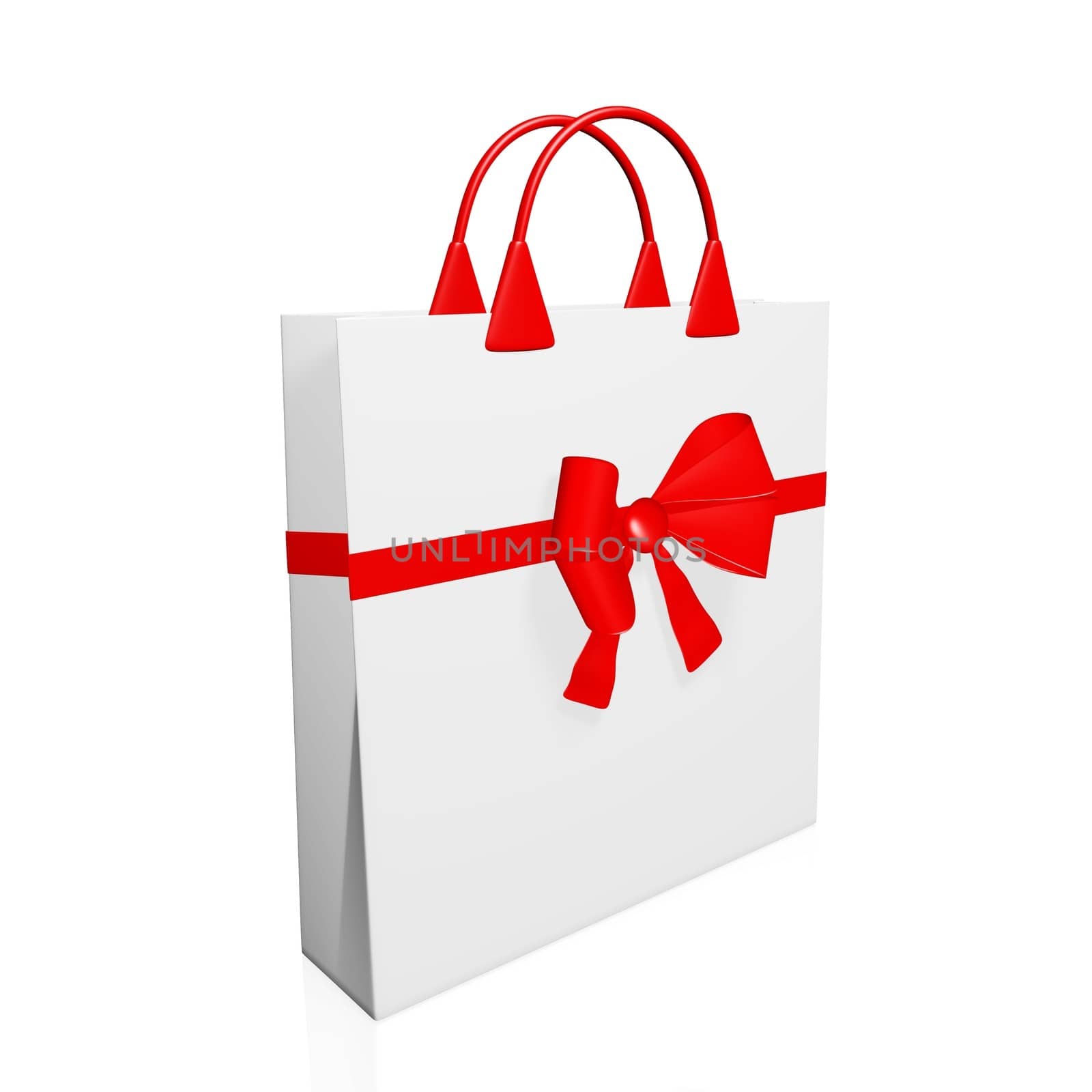 Three dimensional white shopping bag with a festive gift bow and ribbon around it