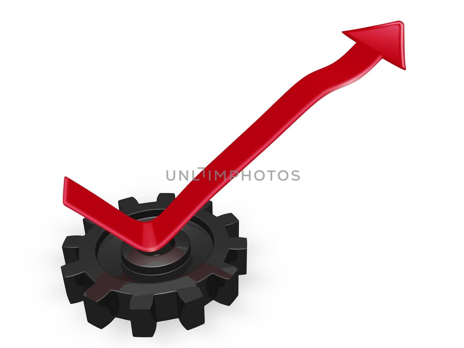 A 3d red growth arrow bouncing off from a metallic gear and rising upward
