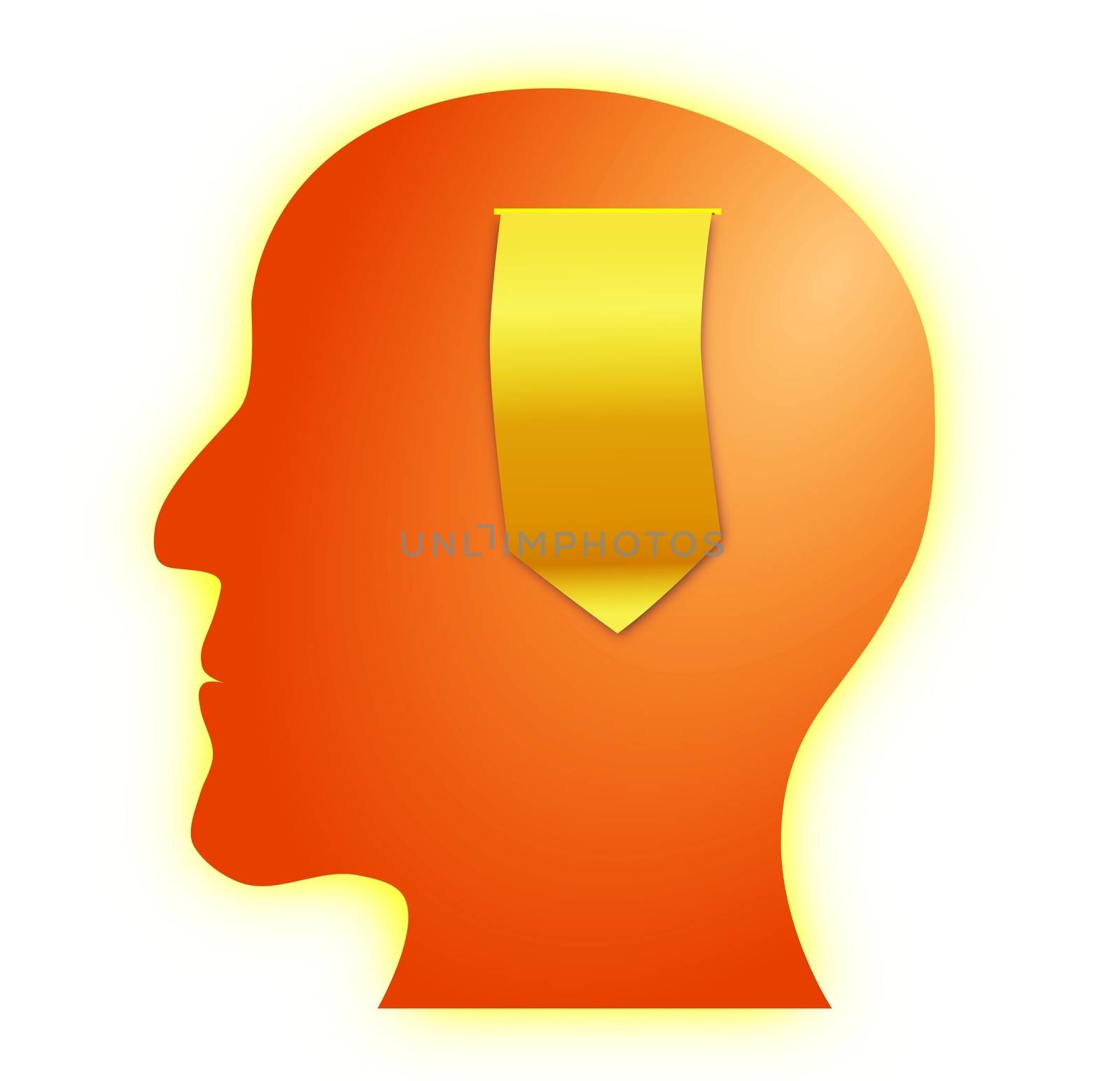 Concept of thinking or idea generation illustrated with a golden paper scroll coming out of a human head
