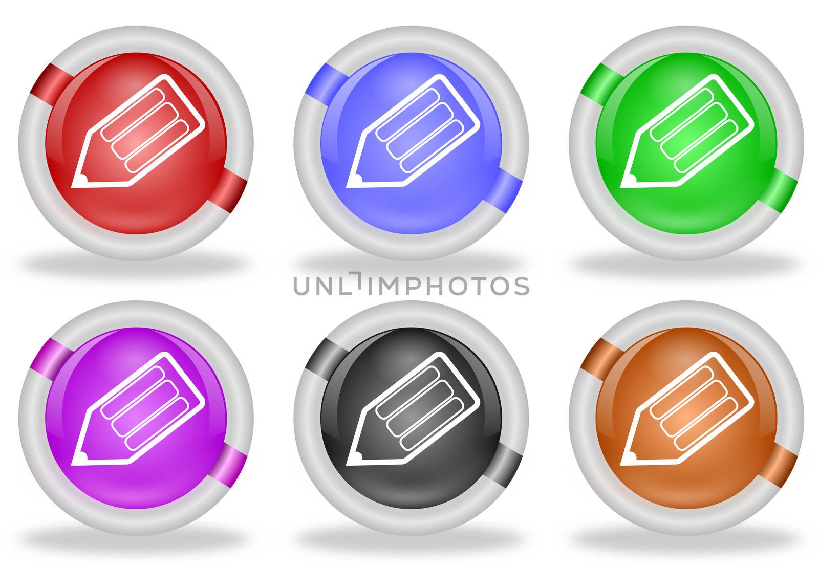 Set of pencil or write web icon buttons with beveled white rims in six pastel colors
