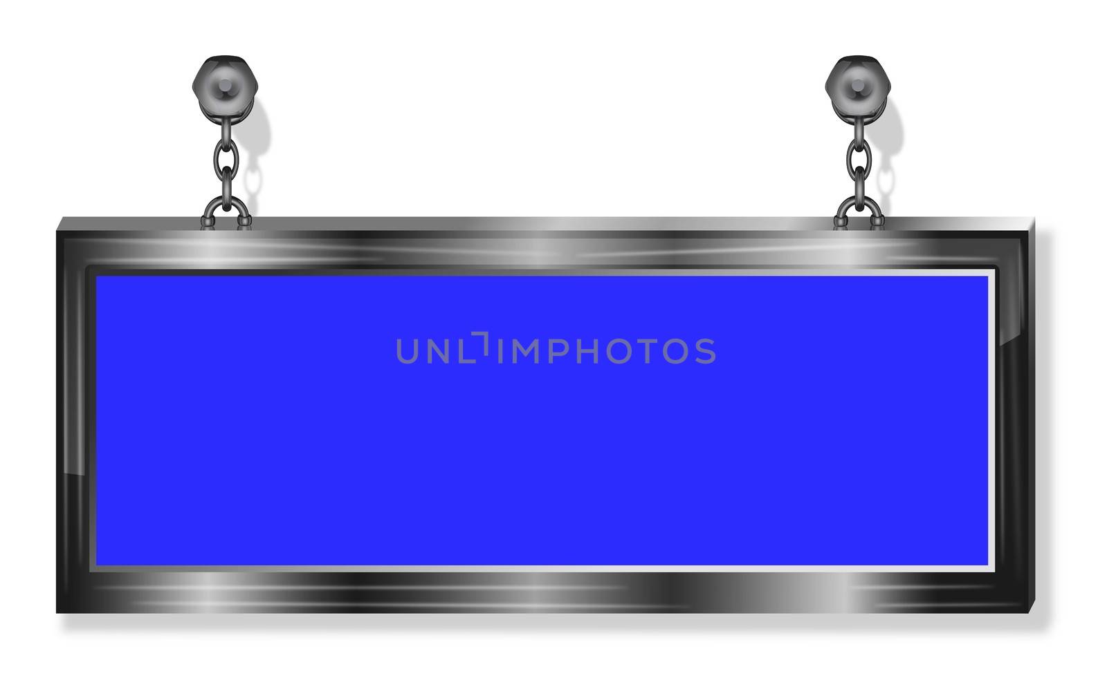 Illustration of a blue metallic message announcement board hanging from chains and bolts
