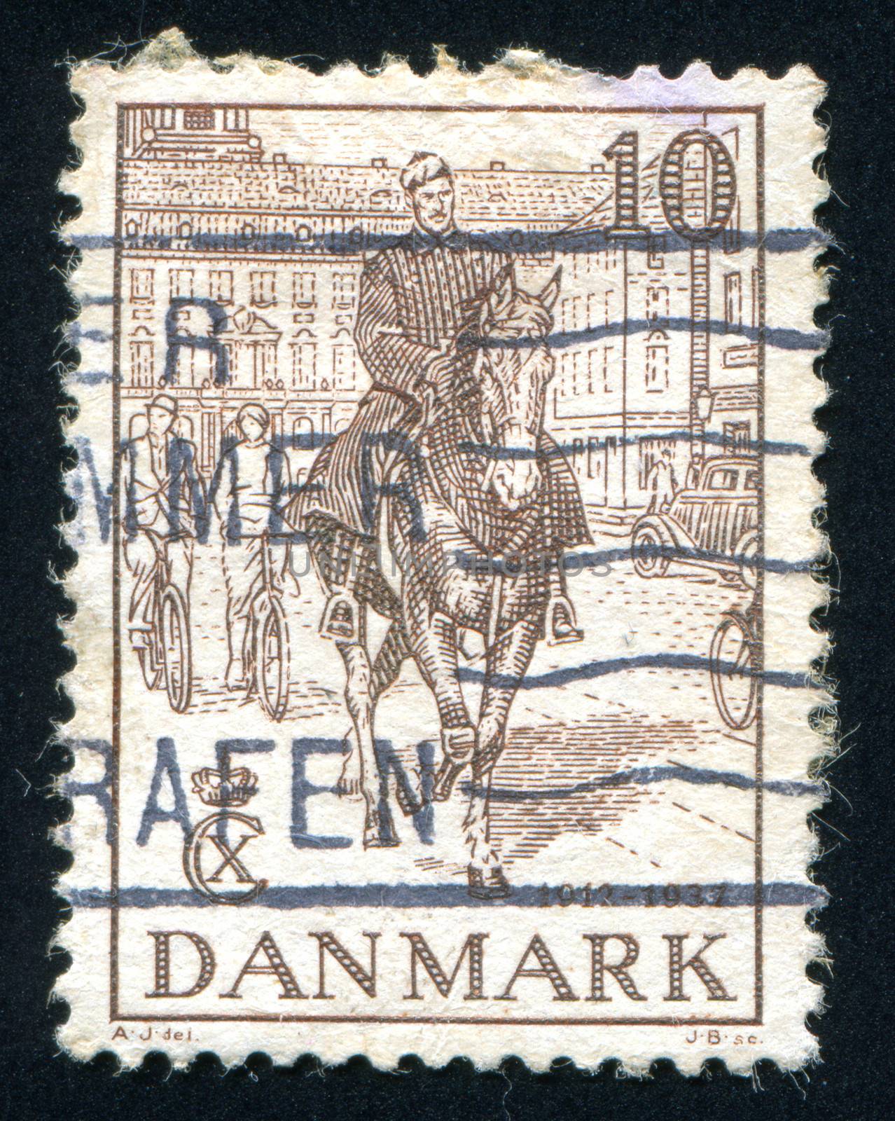 DENMARK - CIRCA 1937: stamp printed by Denmark, shows Christian X in Streets of Copenhagen, circa 1937