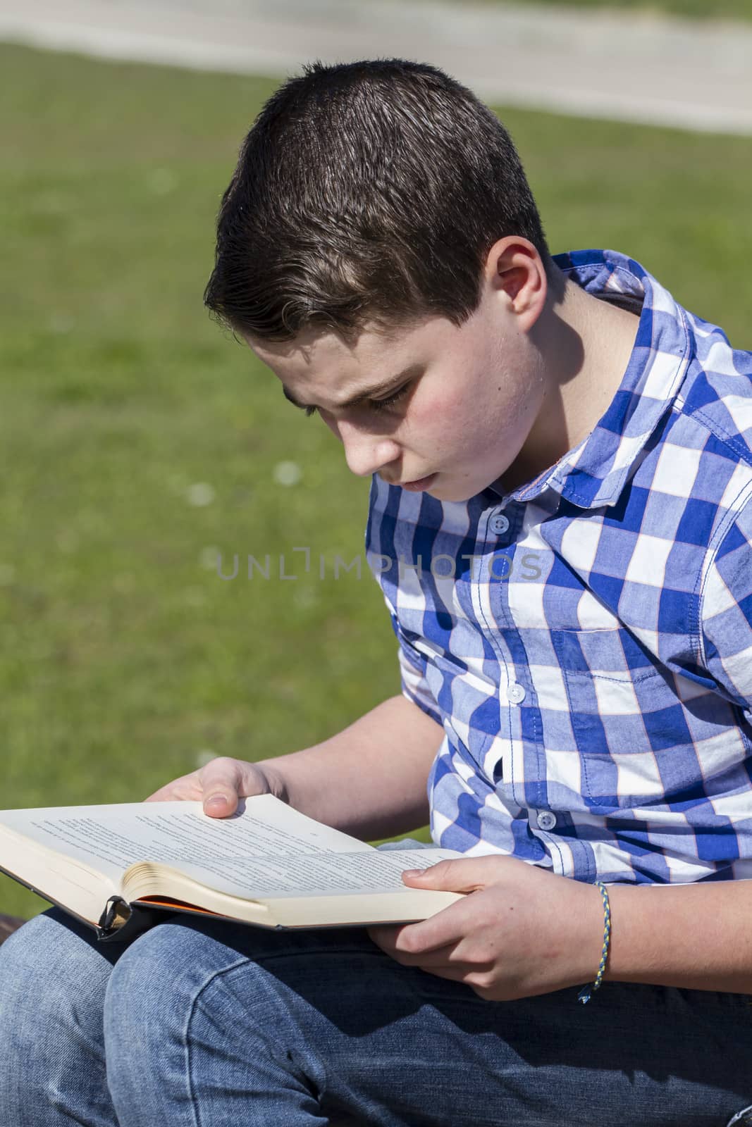 Young child reading a book in the woods with shallow depth of field and copy space