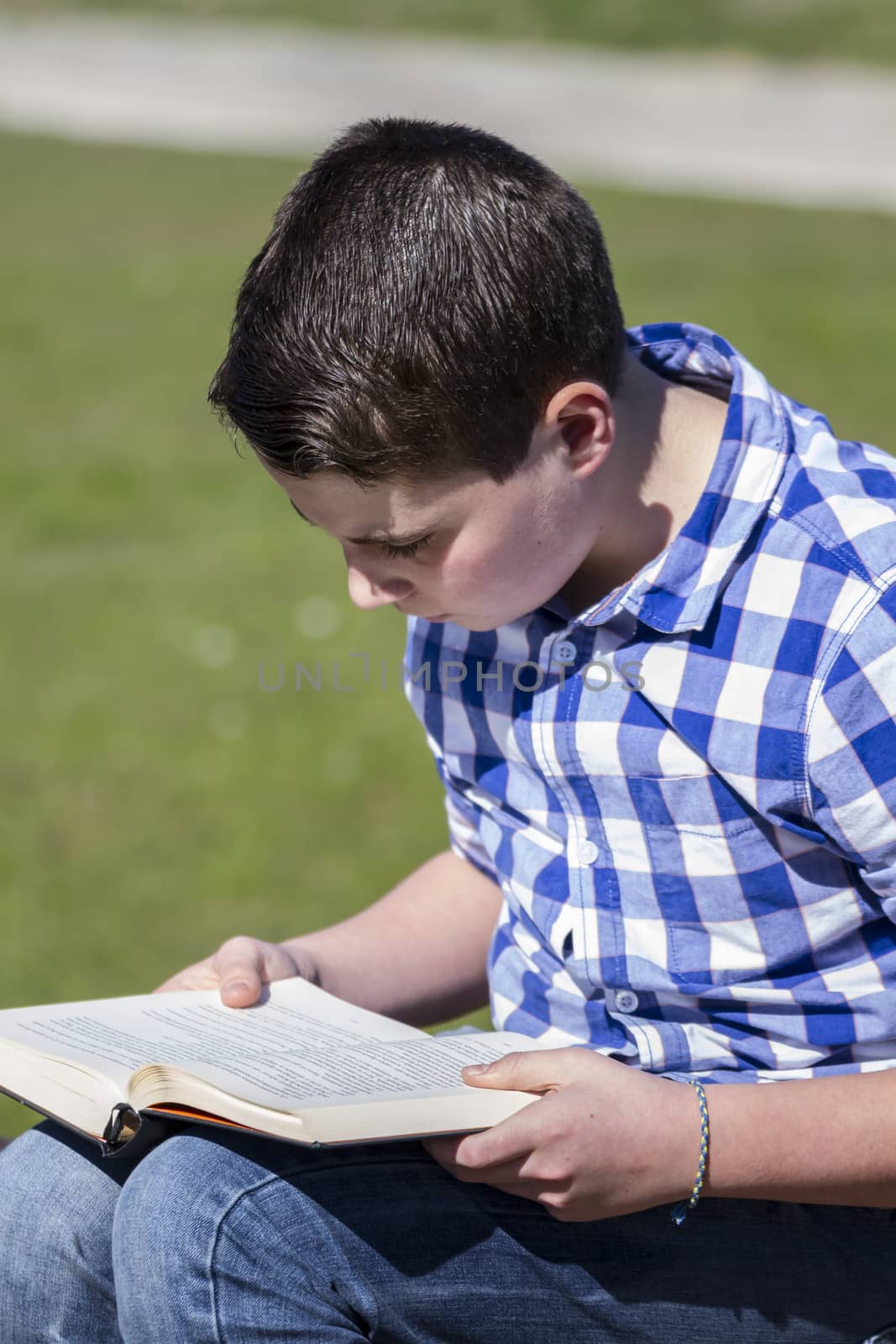 Childhood.Young boy reading a book in the woods with shallow depth of field and copy space
