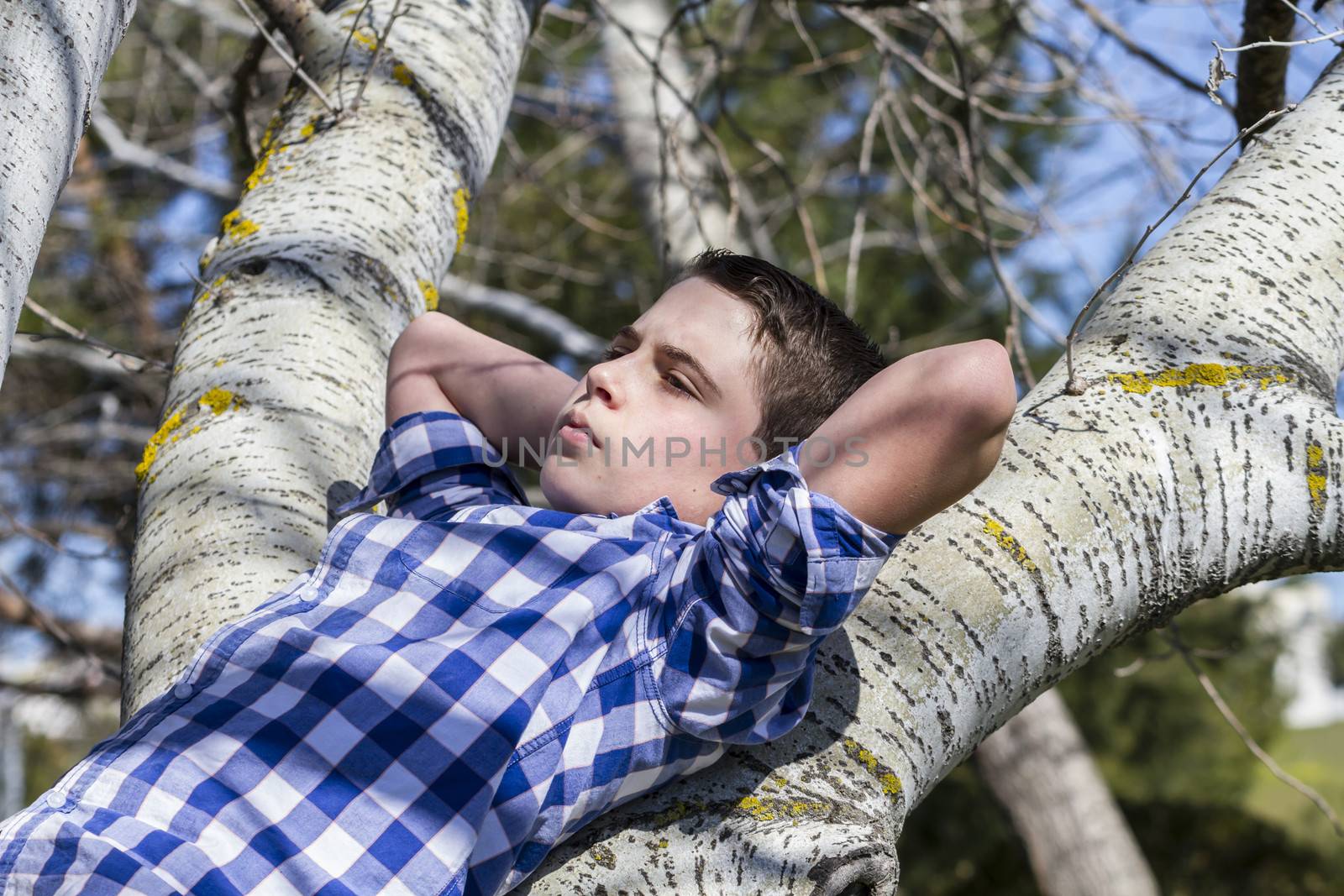 Forest.A young boy dressed in western attire, outdoor park, summ by FernandoCortes