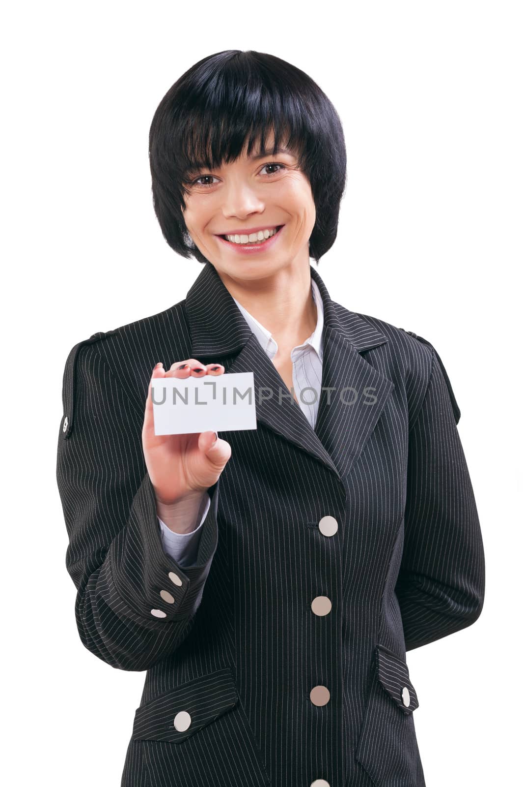 asian businesswoman shoving white card by mihalec