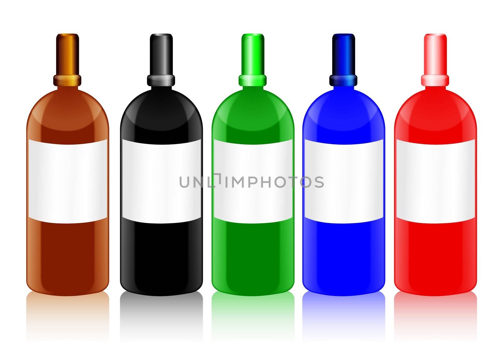 Set of shiny glass bottles with blank labels in different colors, with the shape resembling that of chemical or medicine bottles
