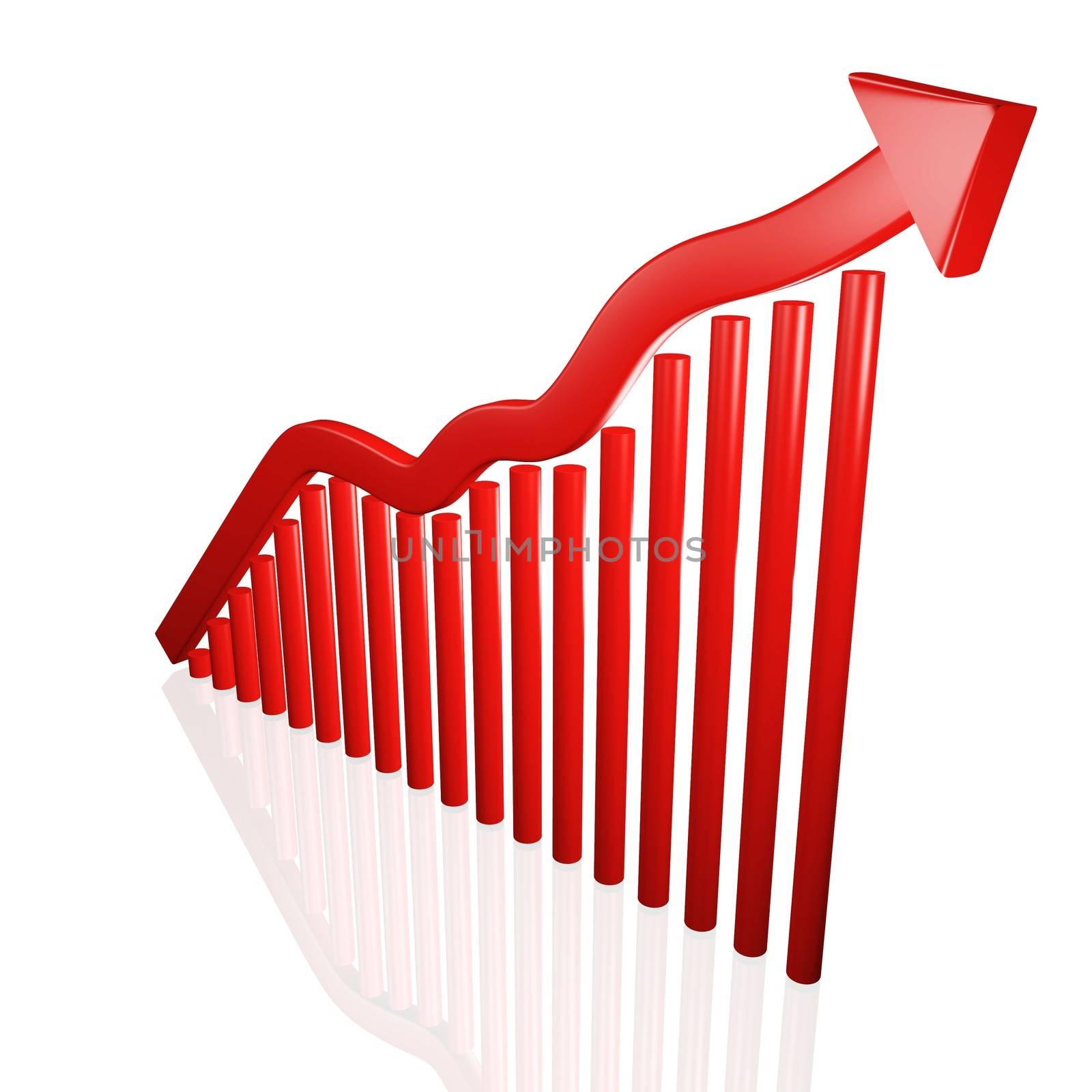 Market or financial growth illustrated in 3D with round growth bars and upward moving arrow
