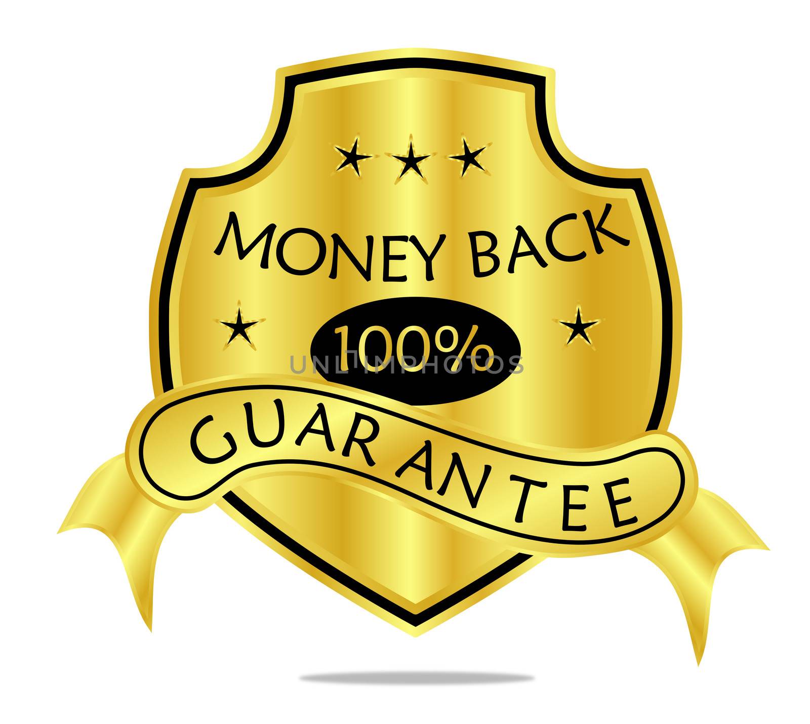 A golden 100 % money back guarantee shield with ribbon banner
