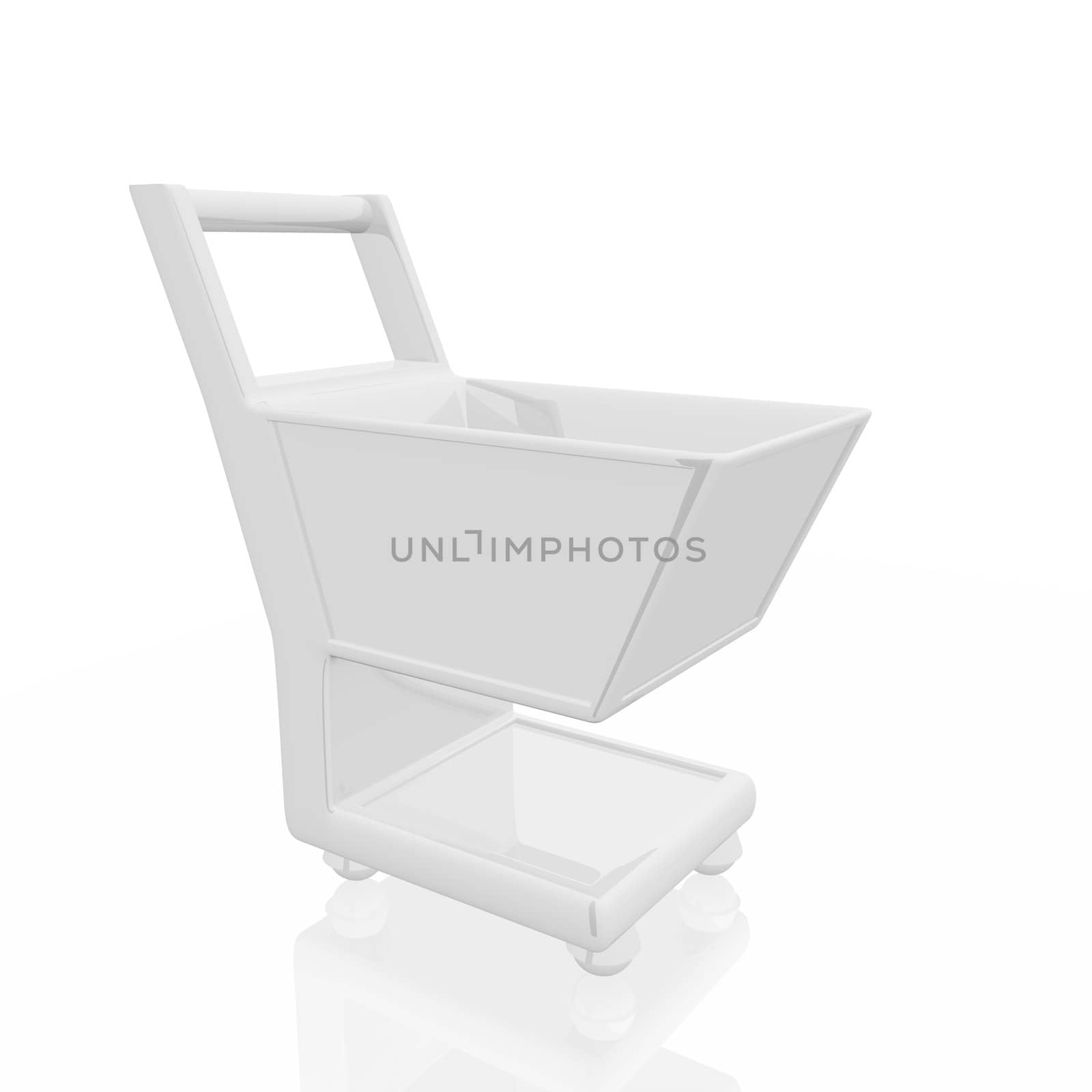 A simple empty 3d white shopping cart with reflection, isolated on white
