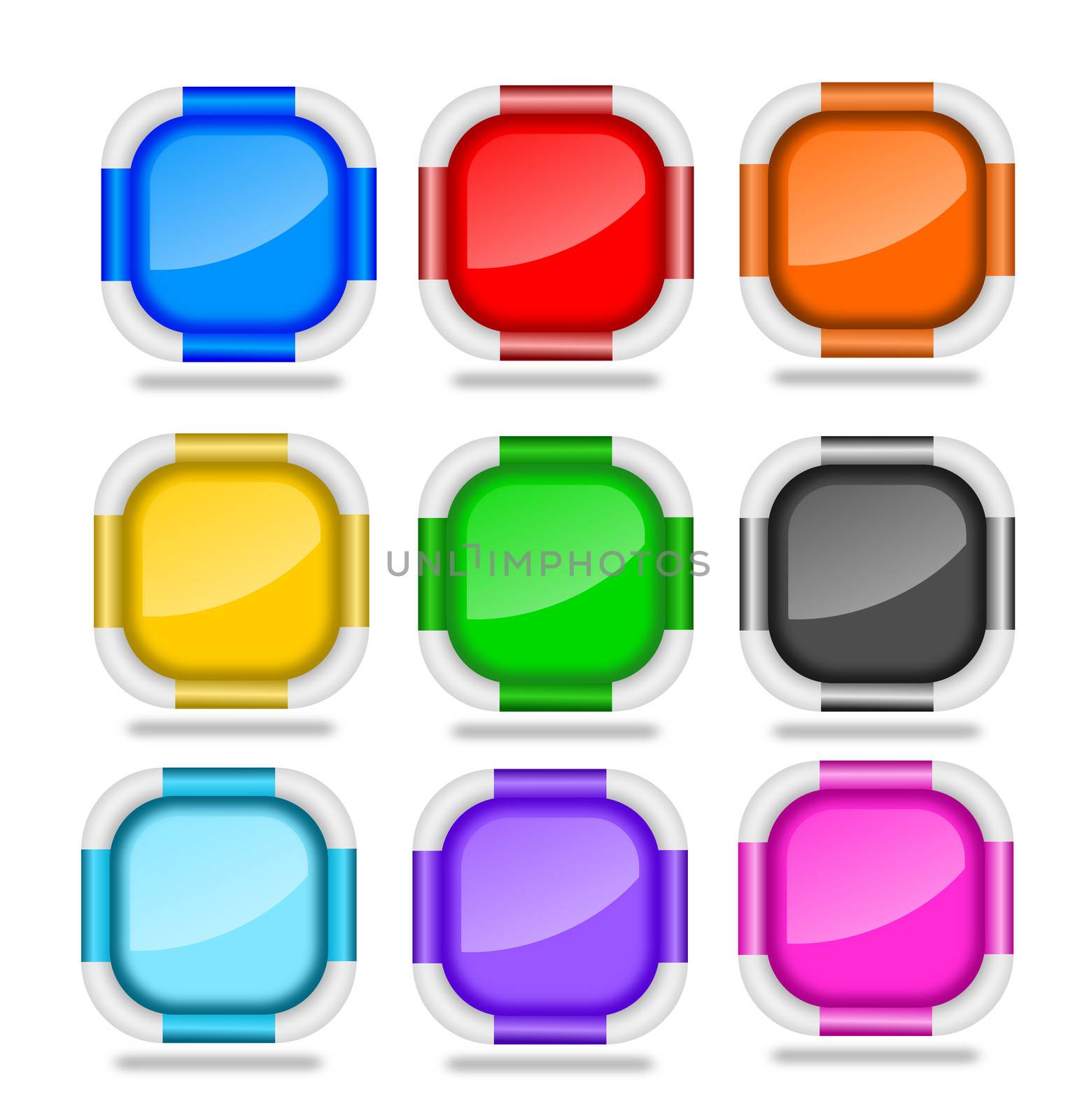 Set of blank square web icon buttons with beveled white rims in nine attractive pastel colors - blue, red brown, yellow, green, black aqua, violet and pink
