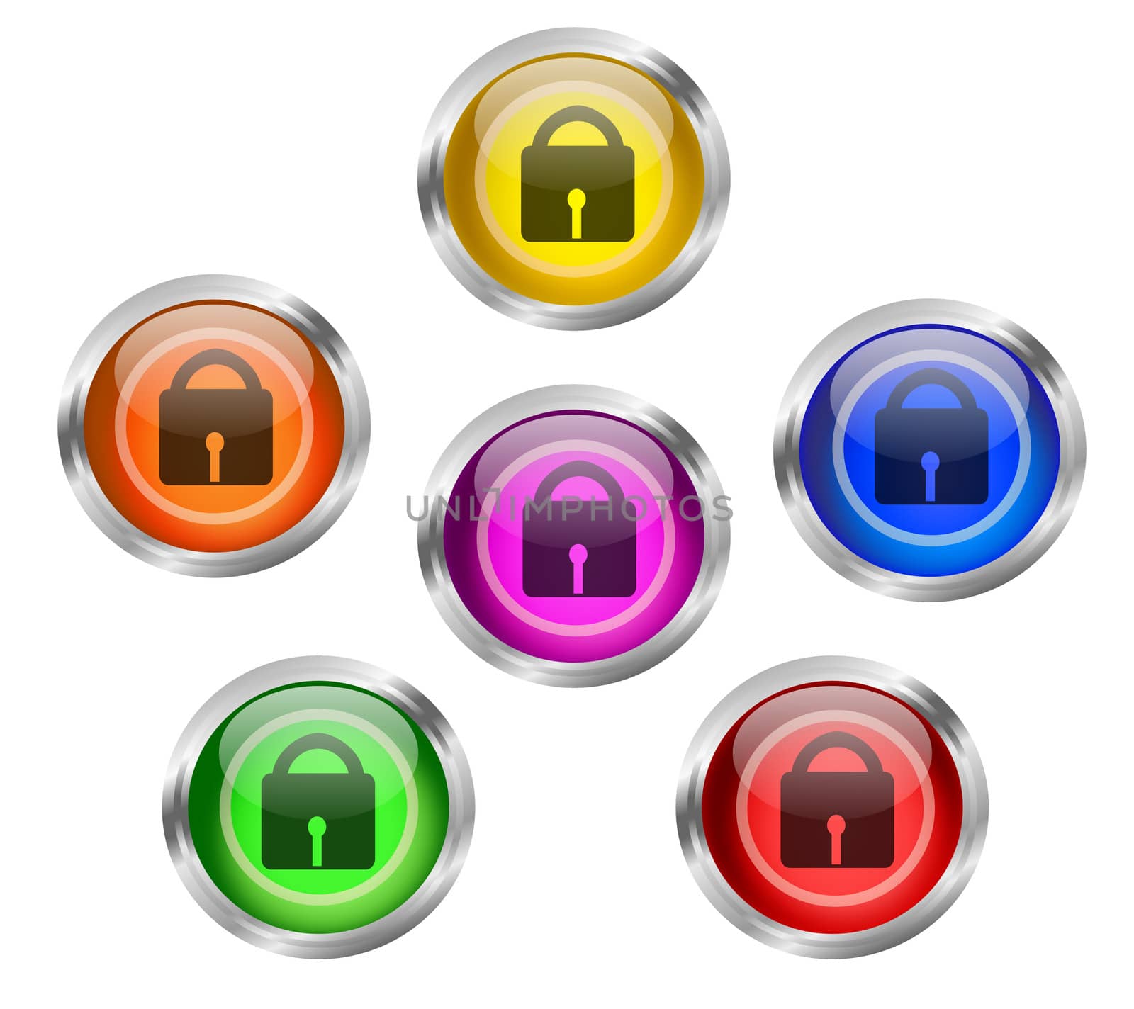 Set of shiny web buttons with security pad lock icon in six different colors
