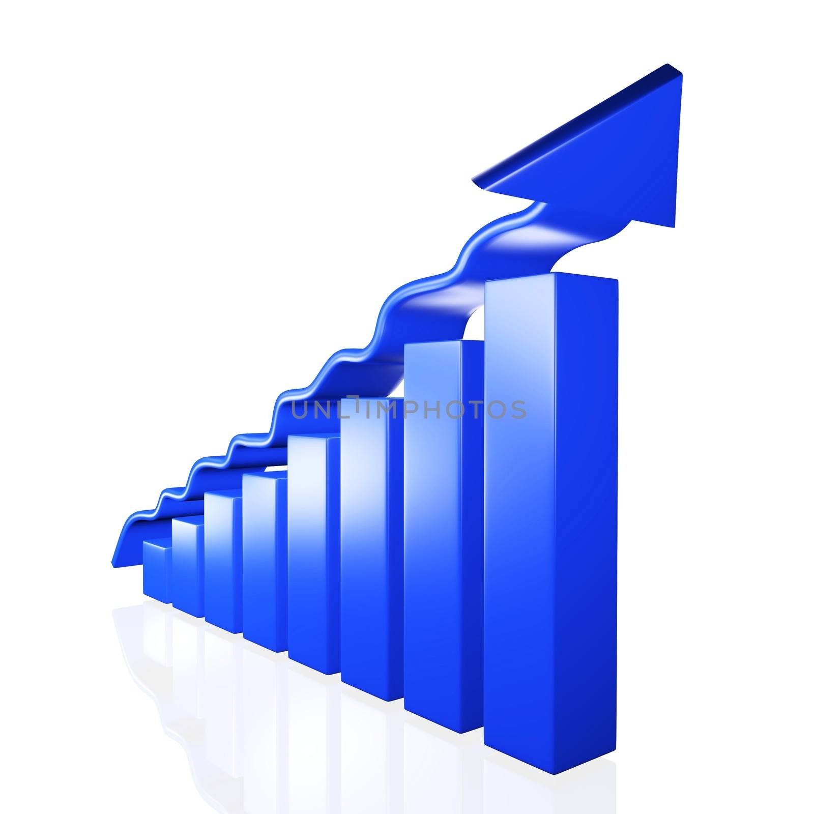 A 3d blue business or financial growth bar chart with an upward moving arrow
