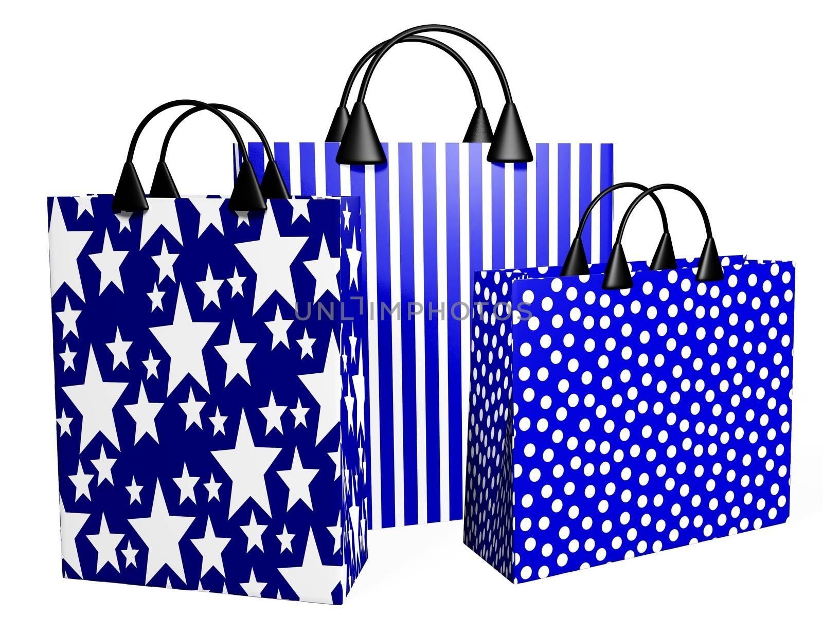 Three 3D shopping bags in festive blue prints
