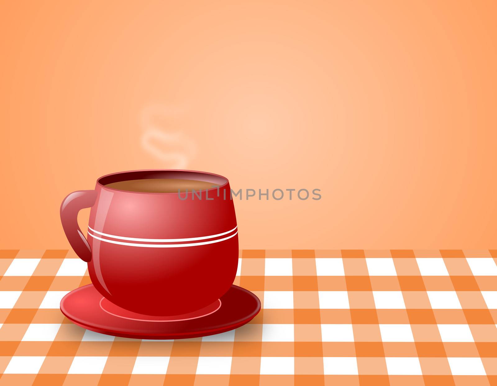 Illustration of steaming hot coffee in a red cup and saucer placed on a checkered table cloth

