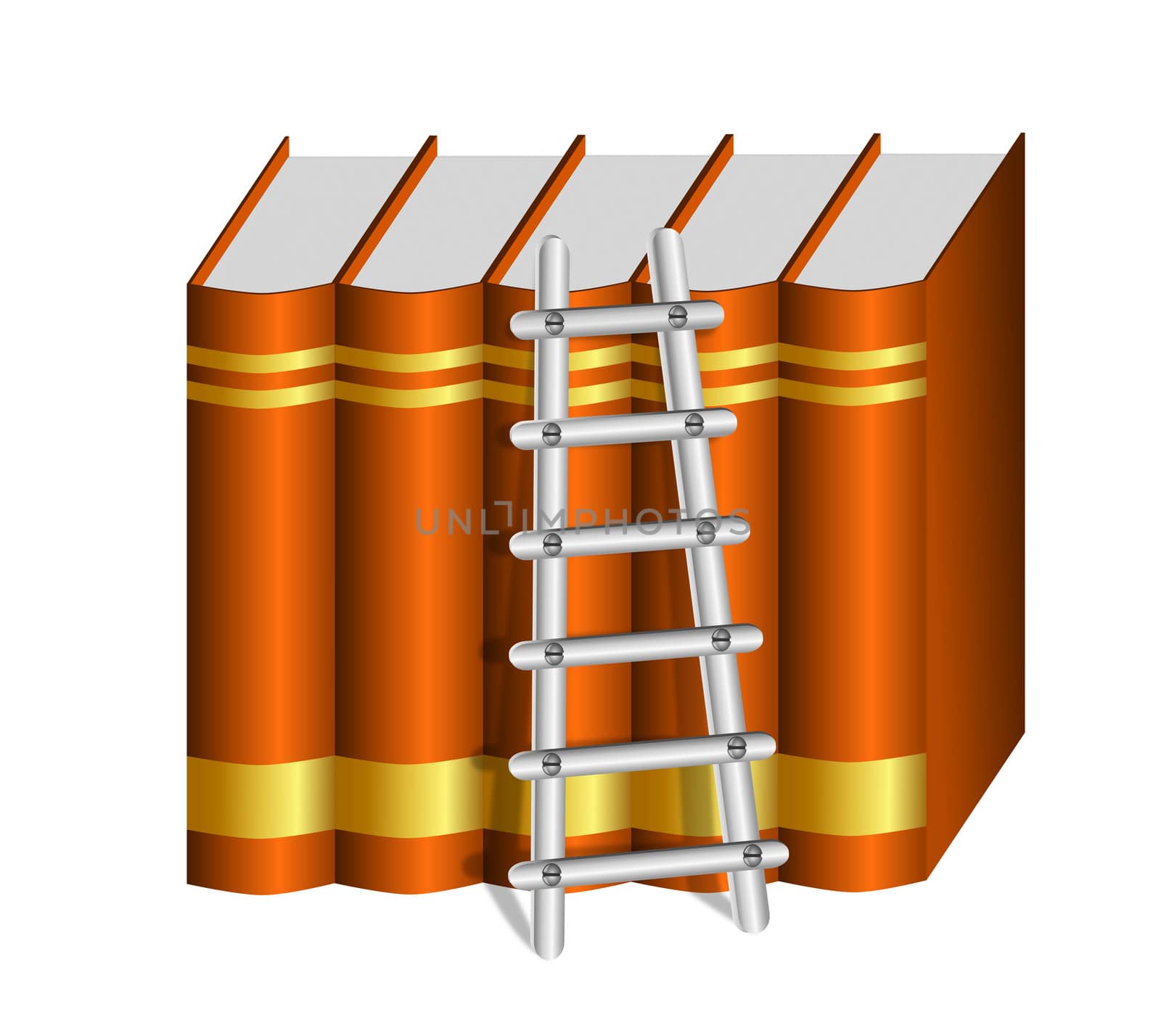 A metallic ladder placed against a row of hardbound brown books with blank golden labels

