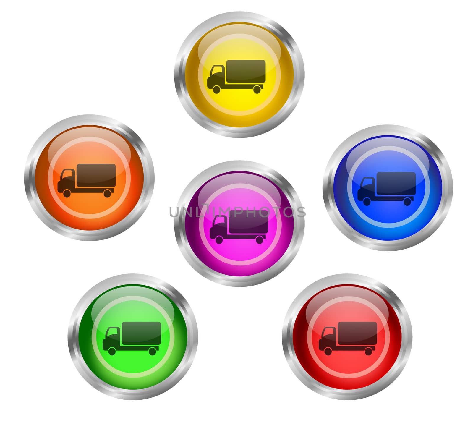 Set of shiny shipping transport web buttons with truck or lorry icon in six different colors
