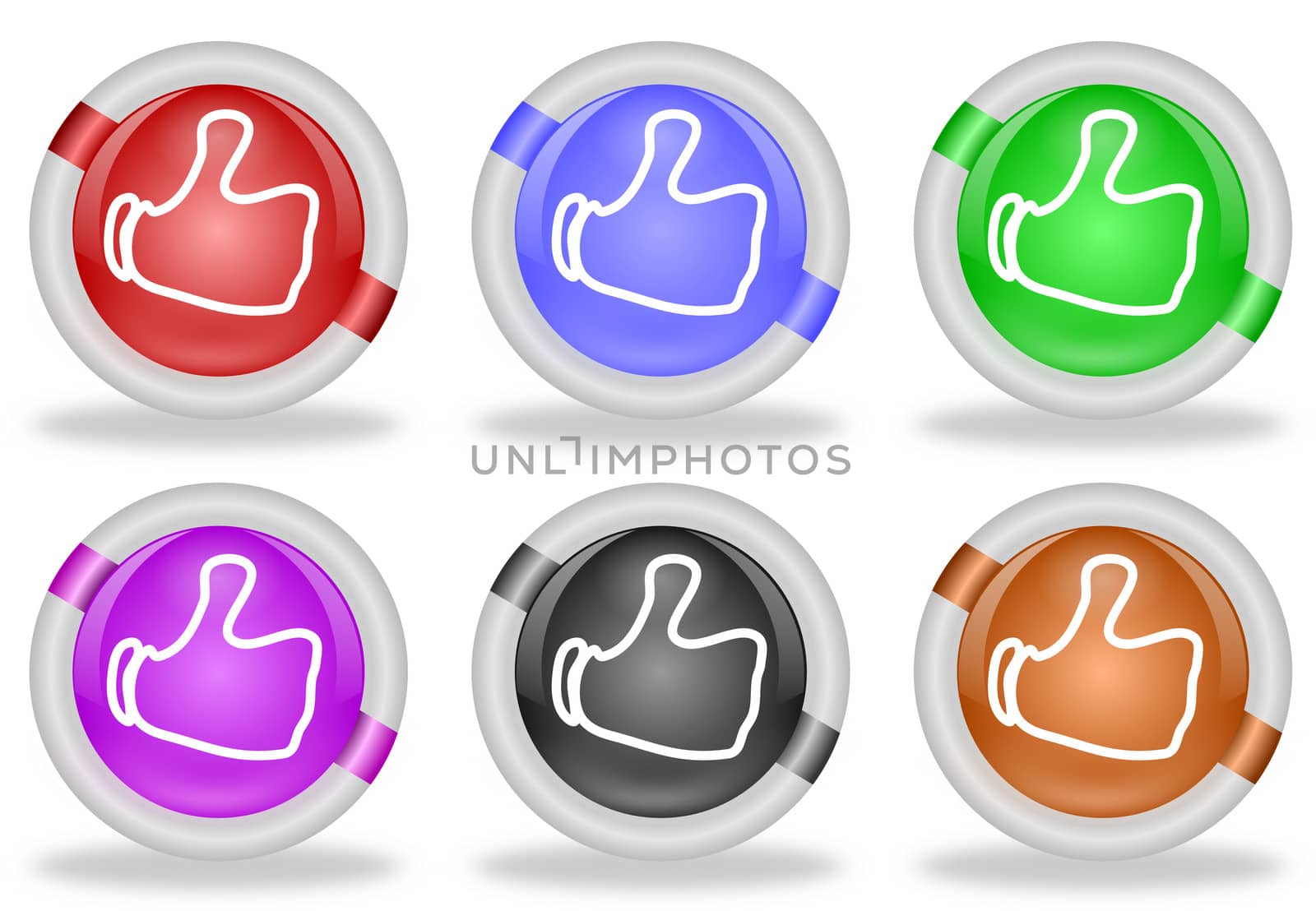 Set of six share or like web buttons with thumbs up icon, in pastel shades and with beveled white rims
