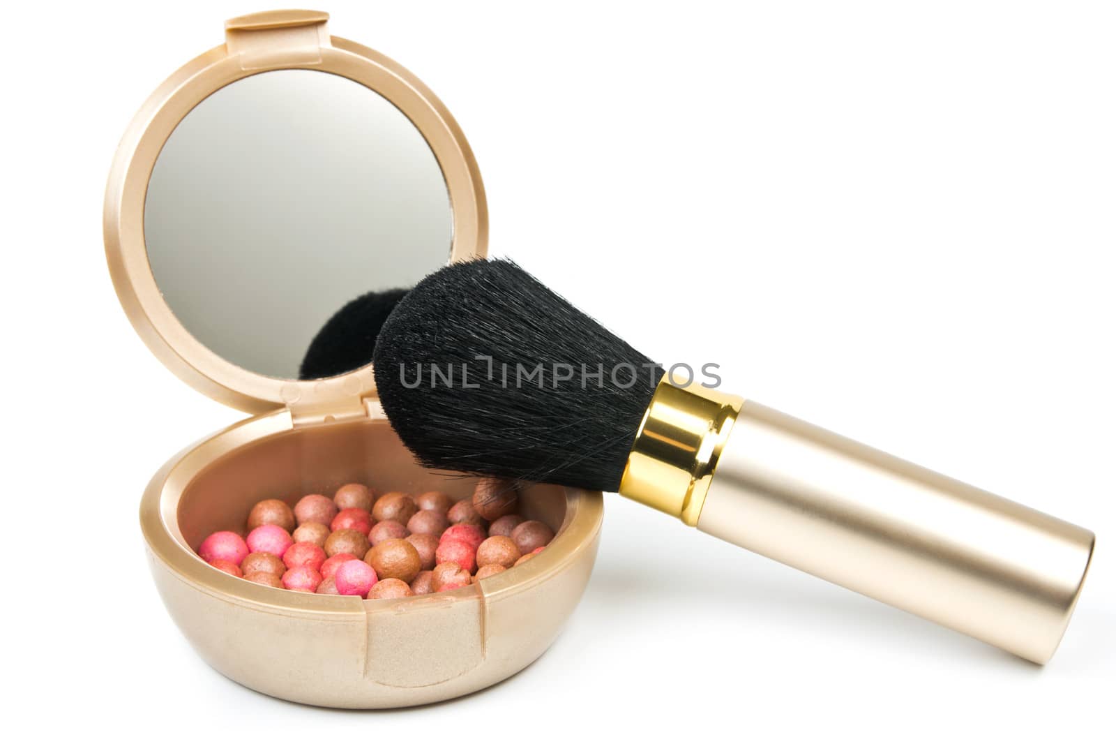 Face powder in box with mirror and brush for make up isolated on white