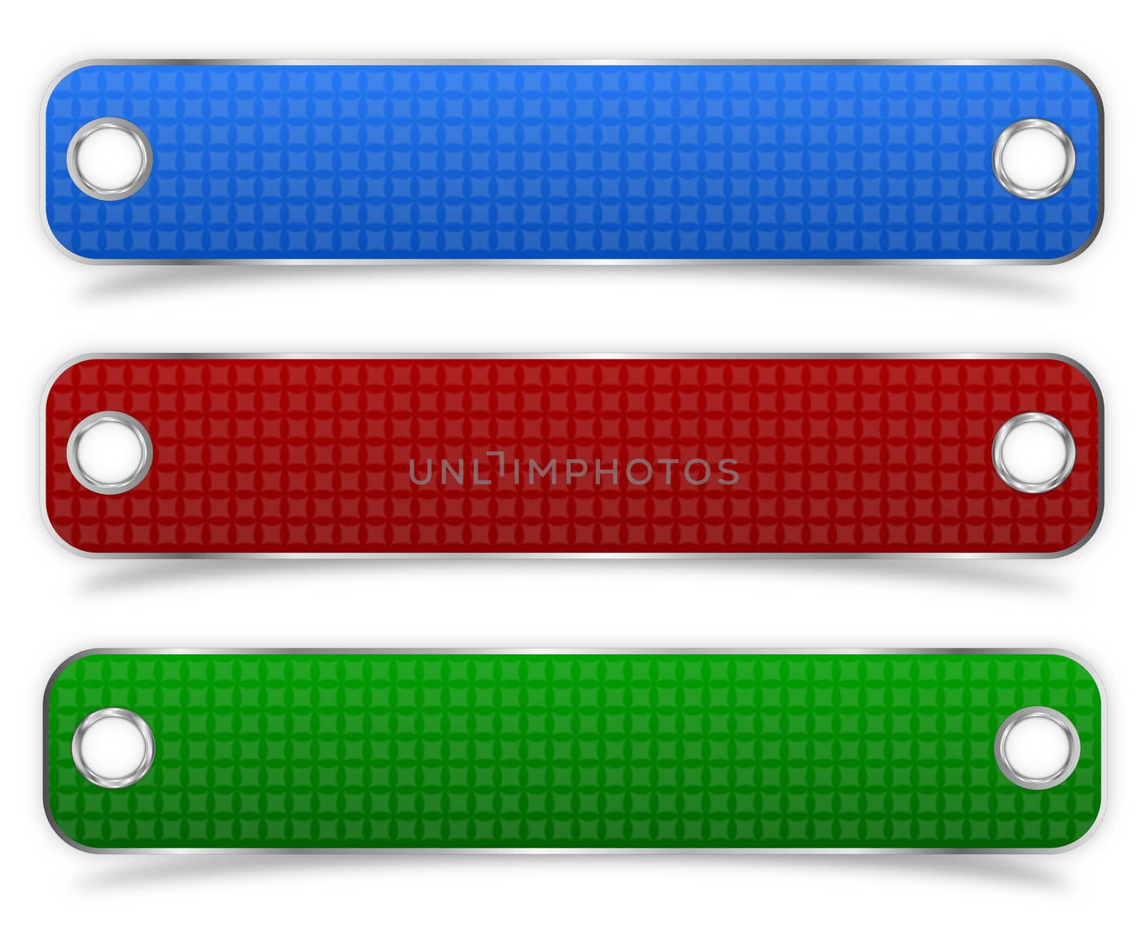 Set of three textured product tags with double chrome metal rivet holes in red green and blue color
