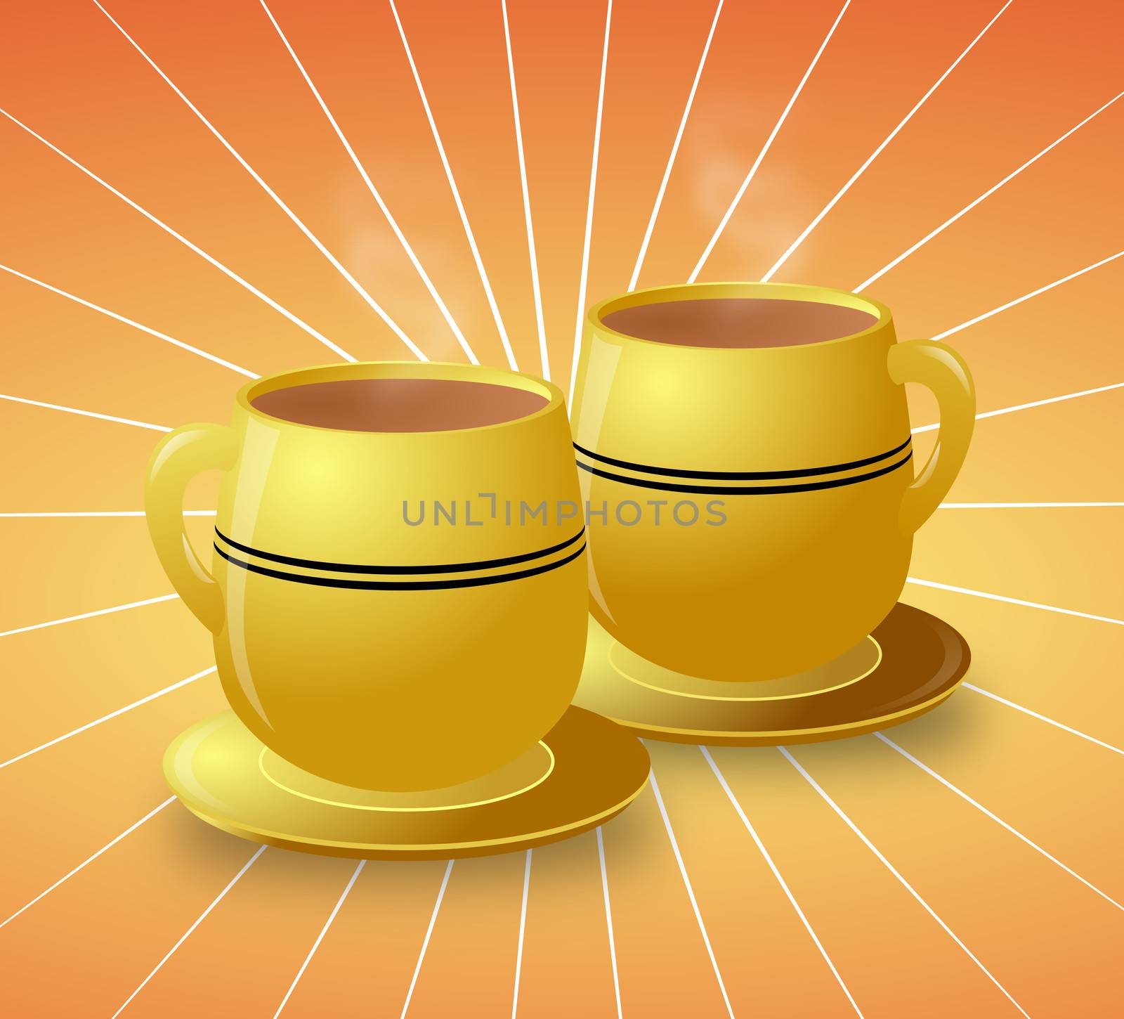 Illustration of two yellow cups of steaming hot coffee against a bright starburst background 
