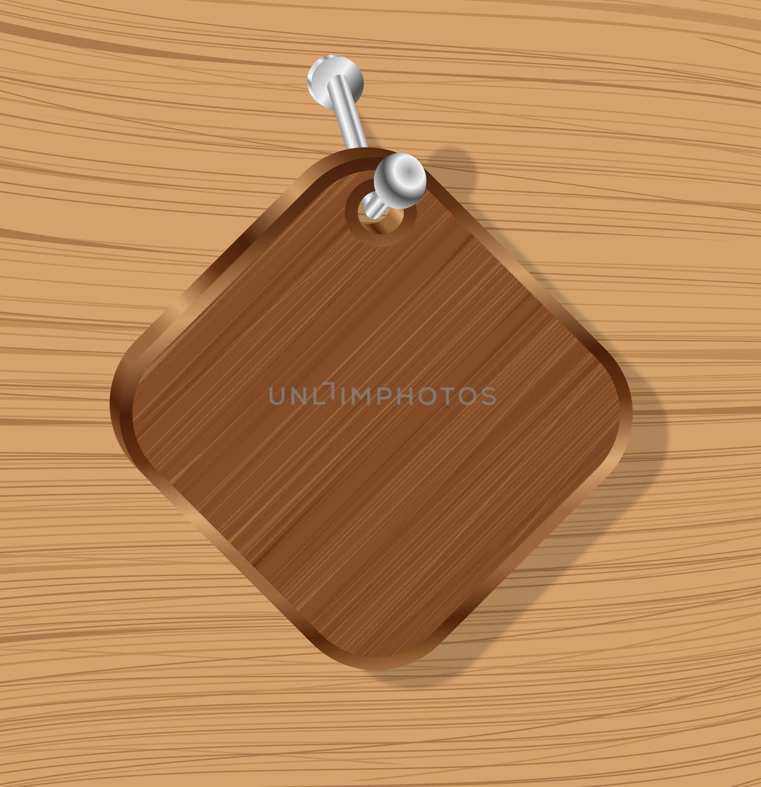 Illustration of a wooden signboard with copy space hanging on a metallic hook on a wooden textured wall
