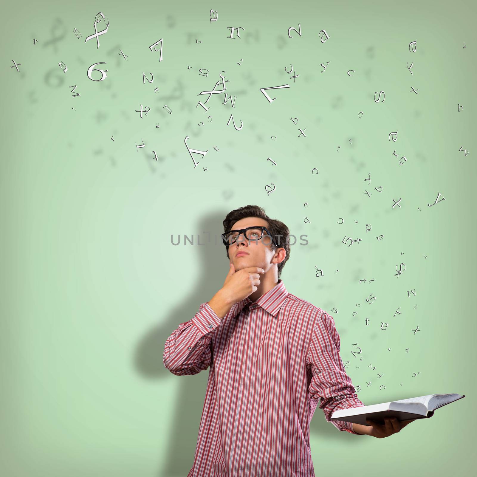 young scientist holding a book, fly out different ideas. concept of creativity