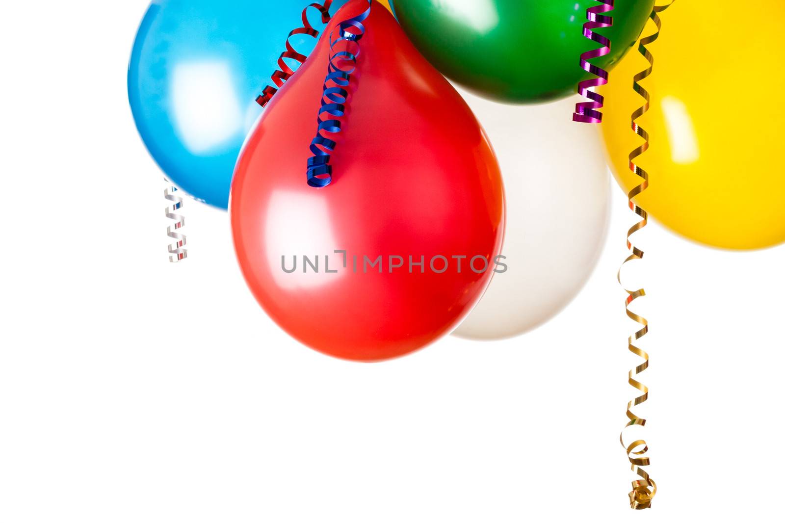 colored balloons isolated on white with hanging holiday streamers