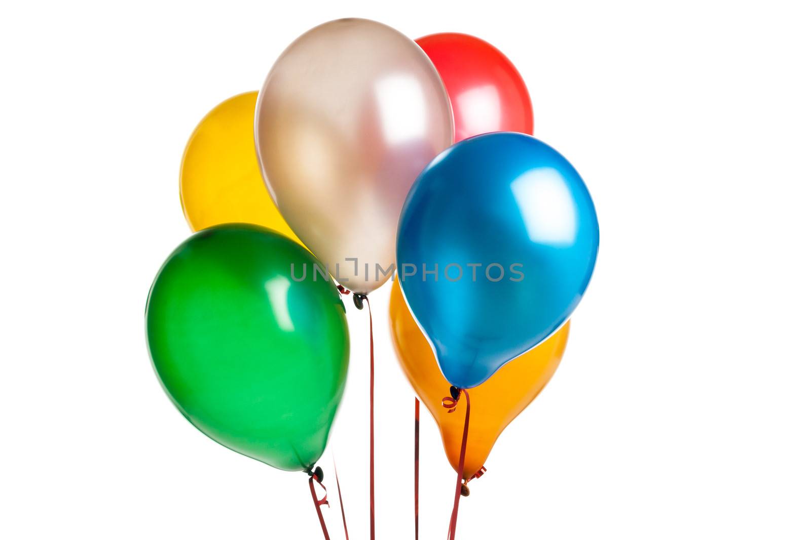 six Colored party balloons isolated on white