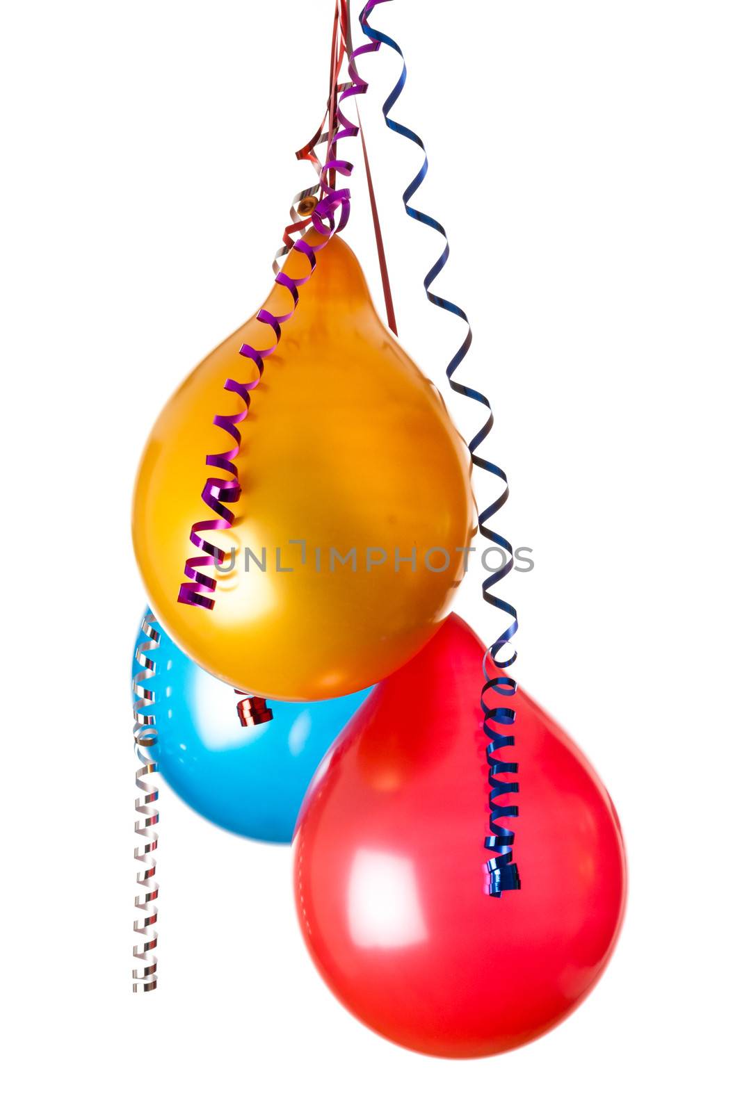 colored balloons isolated on white with hanging holiday streamers