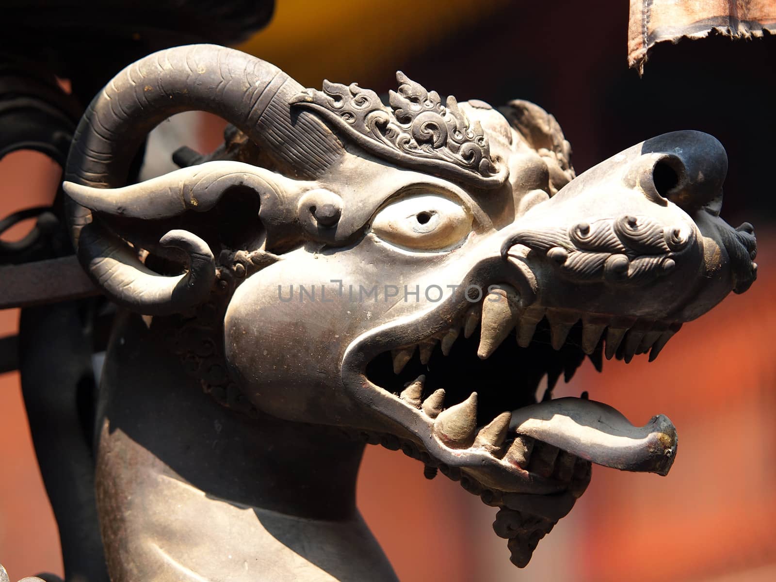 bronze lion statue in temple in Nepal        